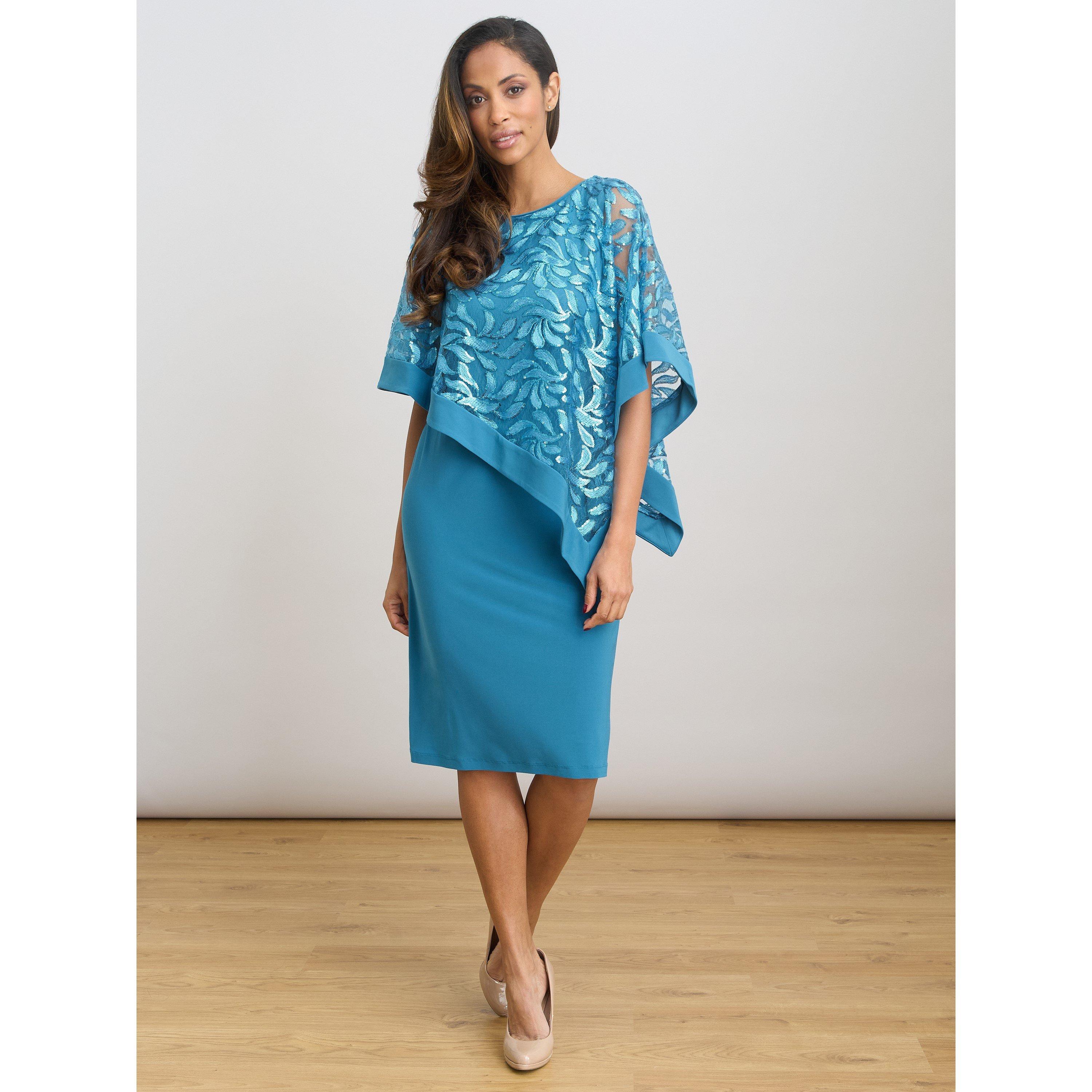 Turquoise - Gina Bacconi - Darlene Embroidered Cape Dress - 6