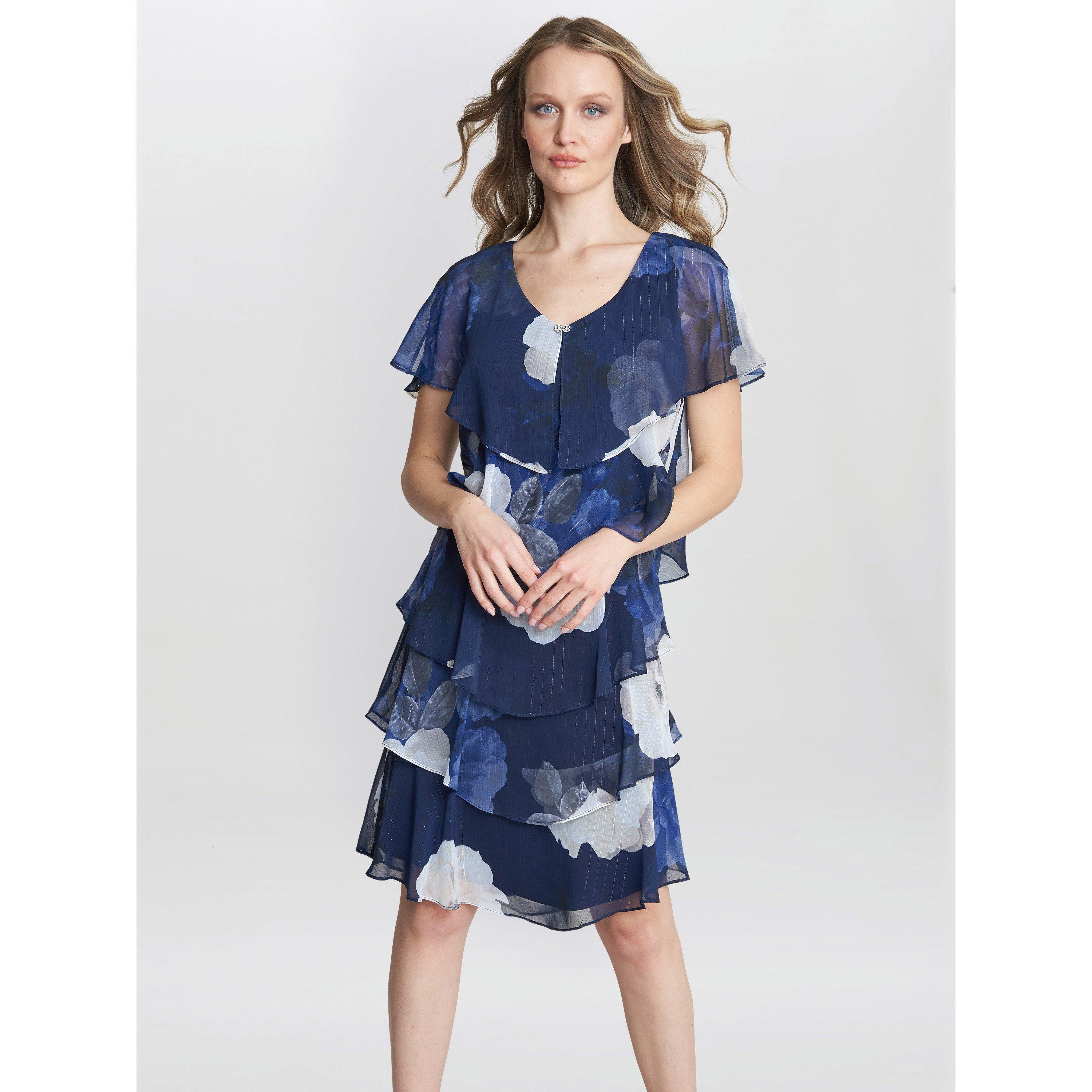 Gina Bacconi Women's Benita Printed V Neck Tiered Dress - Navy /  - 18