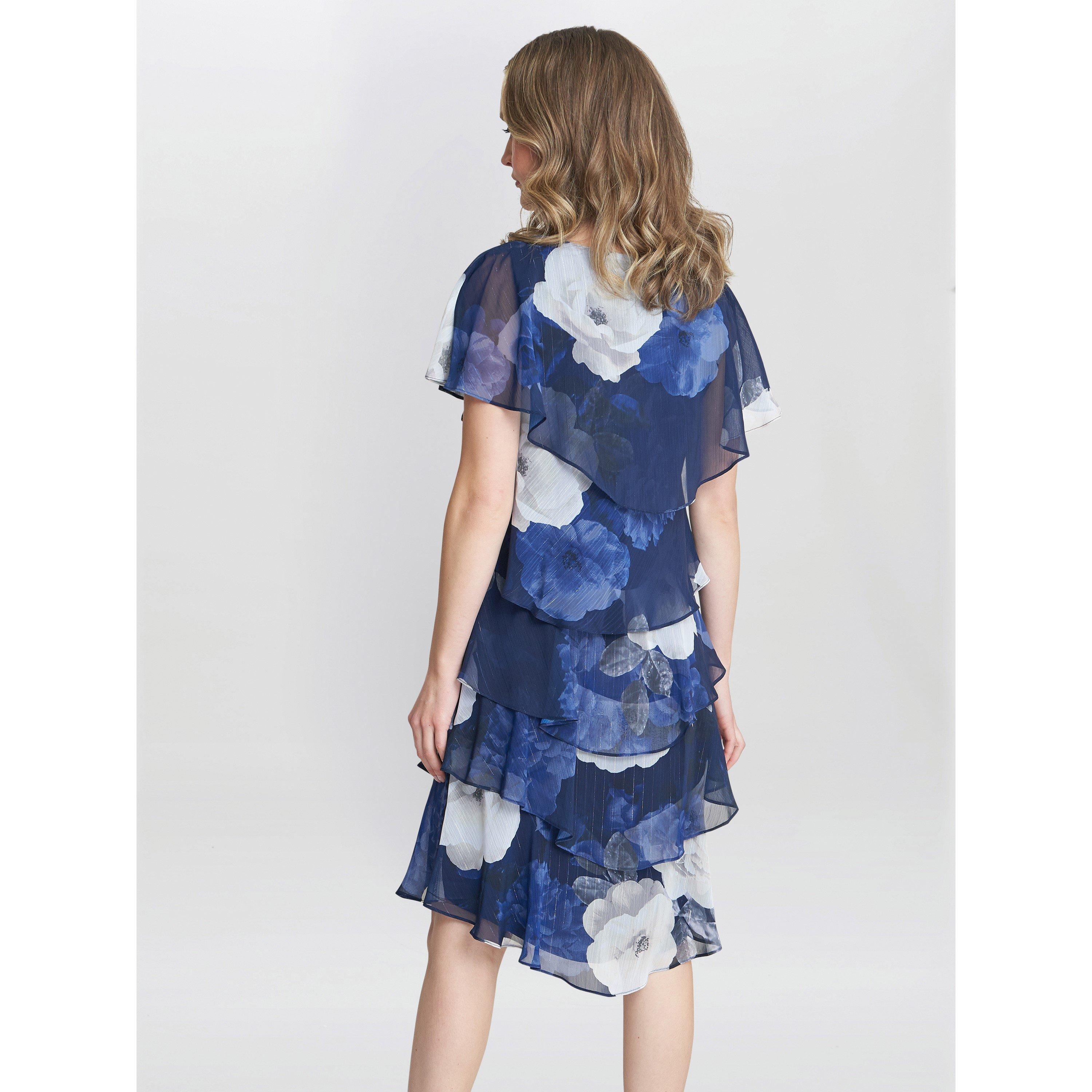 Navy / Multi - Gina Bacconi - Benita Printed V Neck Tiered Dress - 2