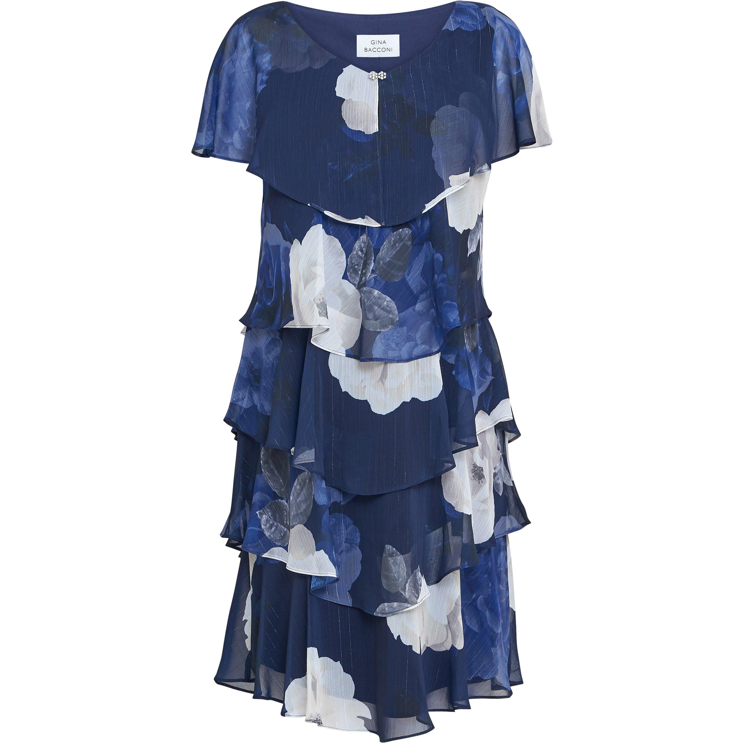 Navy / Multi - Gina Bacconi - Benita Printed V Neck Tiered Dress - 4