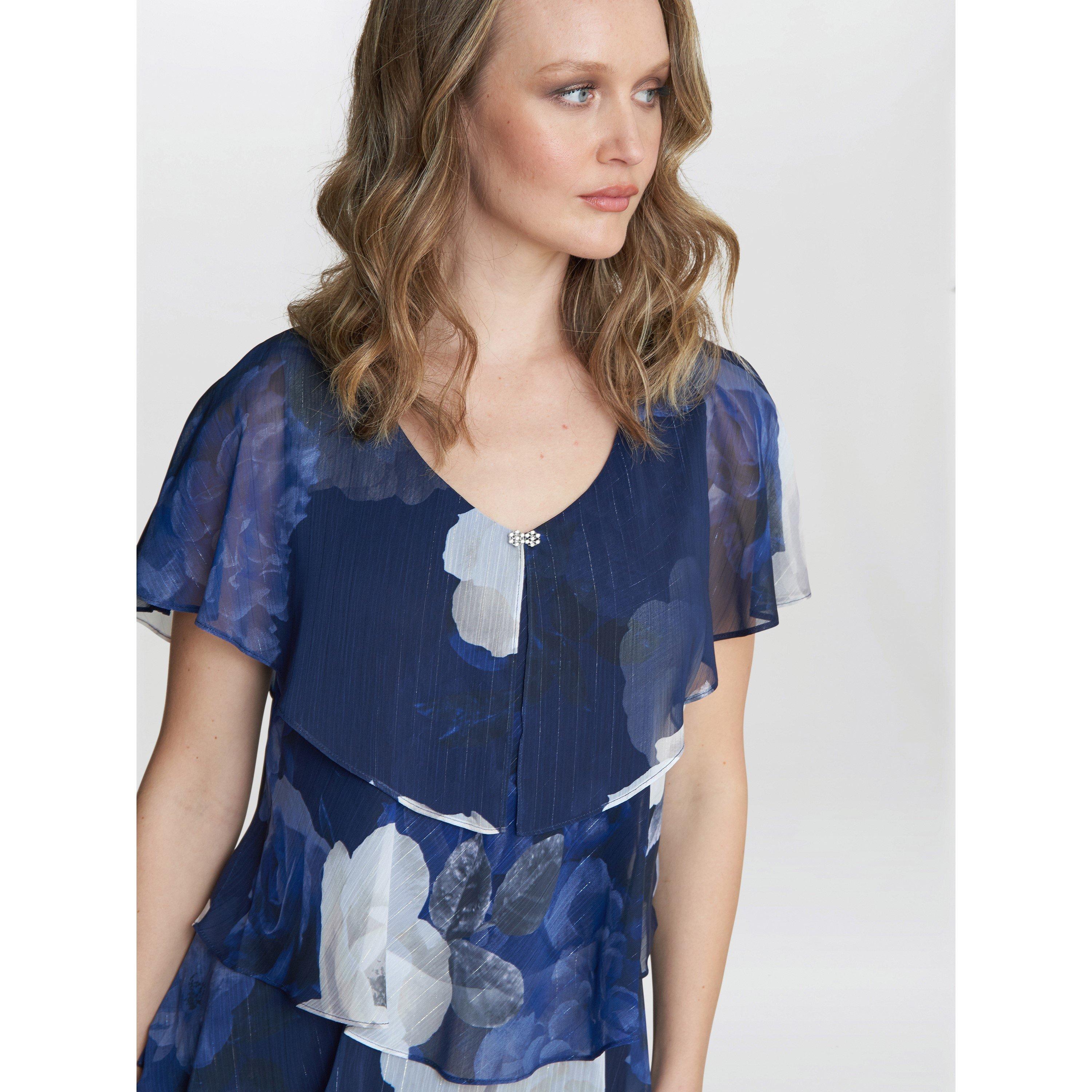 Navy / Multi - Gina Bacconi - Benita Printed V Neck Tiered Dress - 5