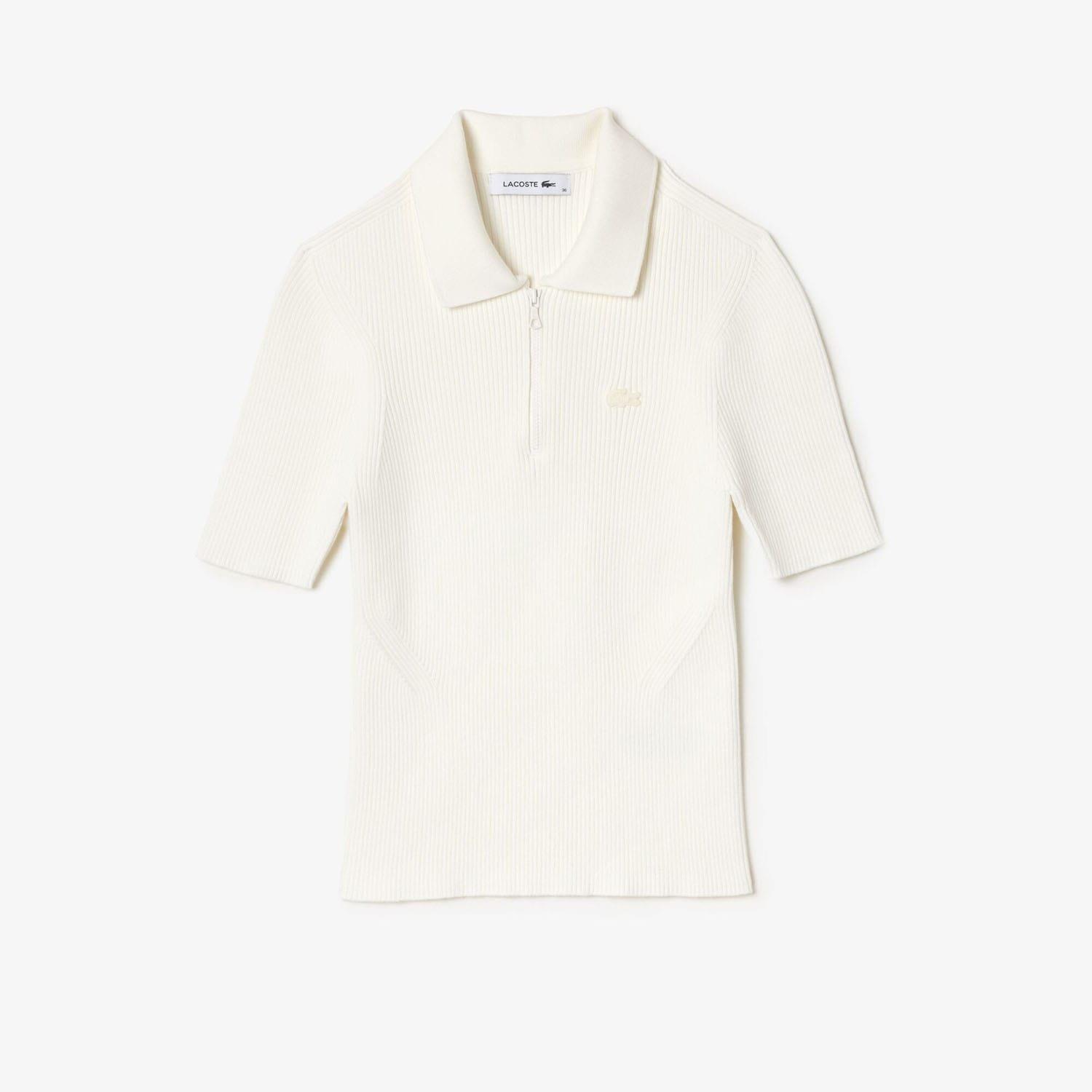 White - Lacoste - Zip Neck Rib Knit Polo Shirt - 4