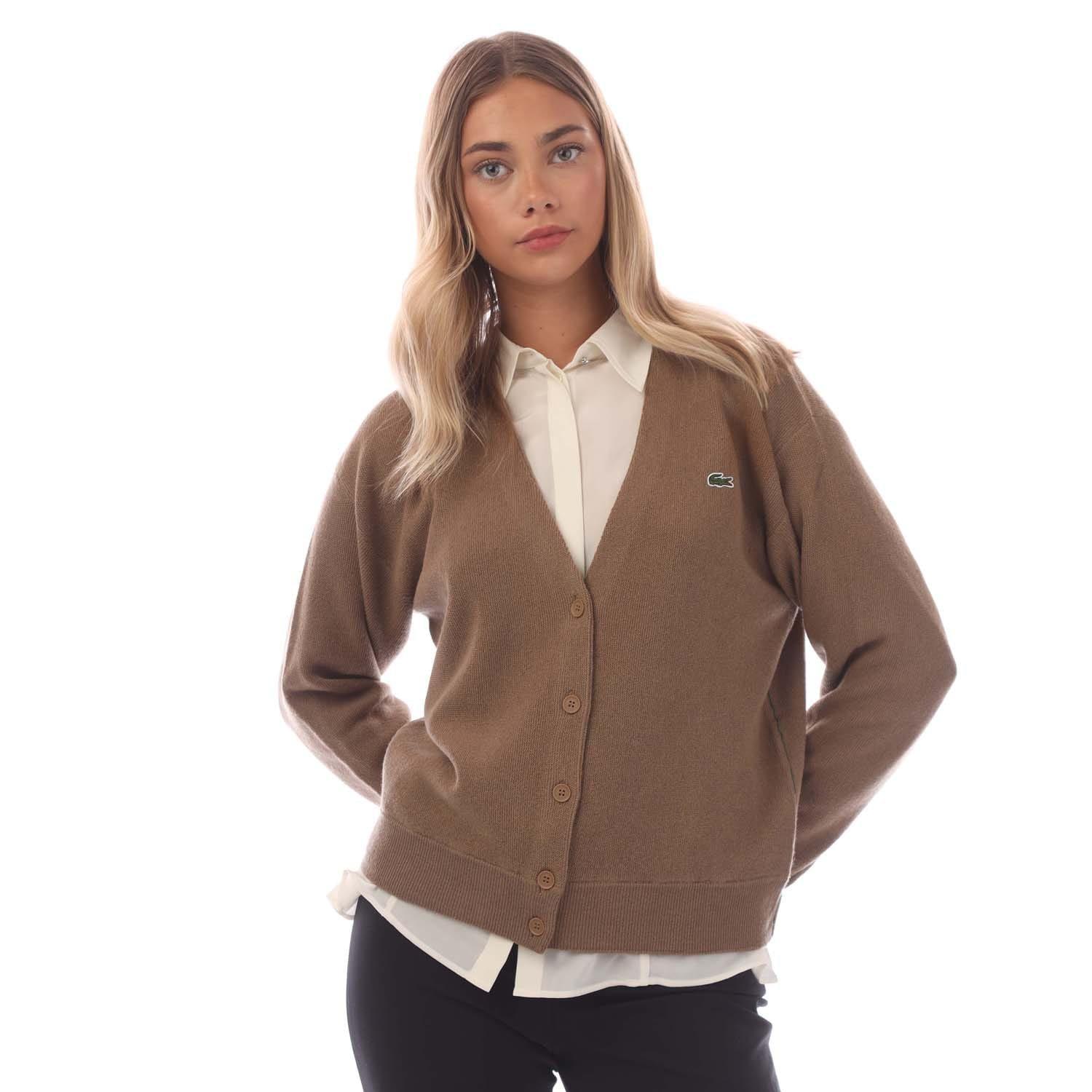 Brown - Lacoste - Relaxed Fit V-Neck Wool Cardigan - 1