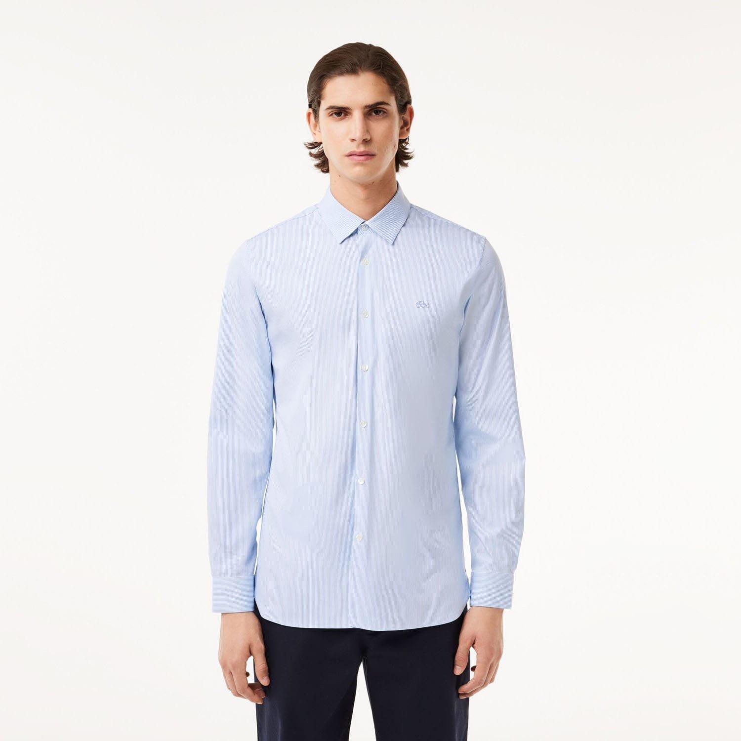 Light Blue - Lacoste - Slim Fit Striped Stretch Poplin Shirt - 1