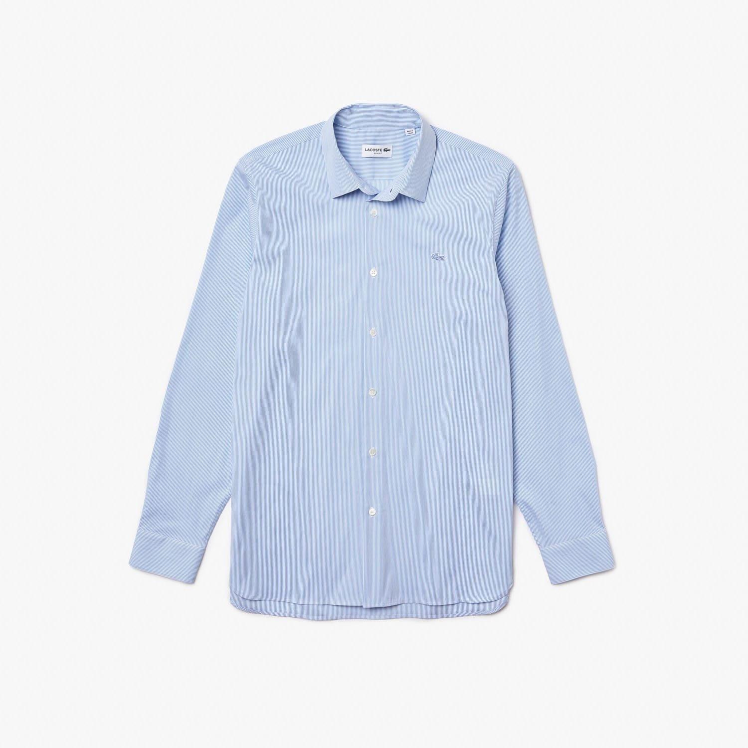 Light Blue - Lacoste - Slim Fit Striped Stretch Poplin Shirt - 4