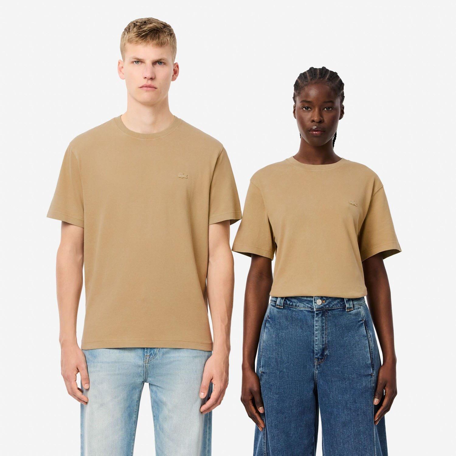 Beige - Lacoste - Washed Effect Heavy Cotton T-Shirt - 1