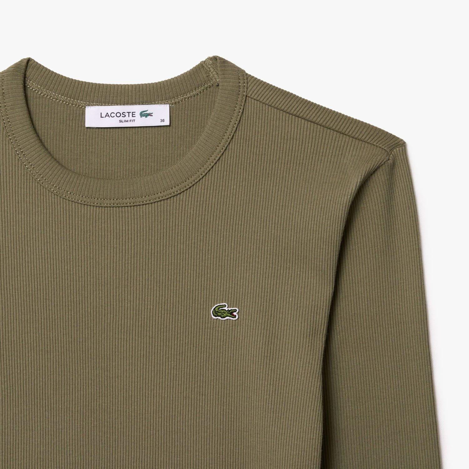 Khaki - Lacoste - Slim Fit Ribbed Cotton T-Shirt - 5