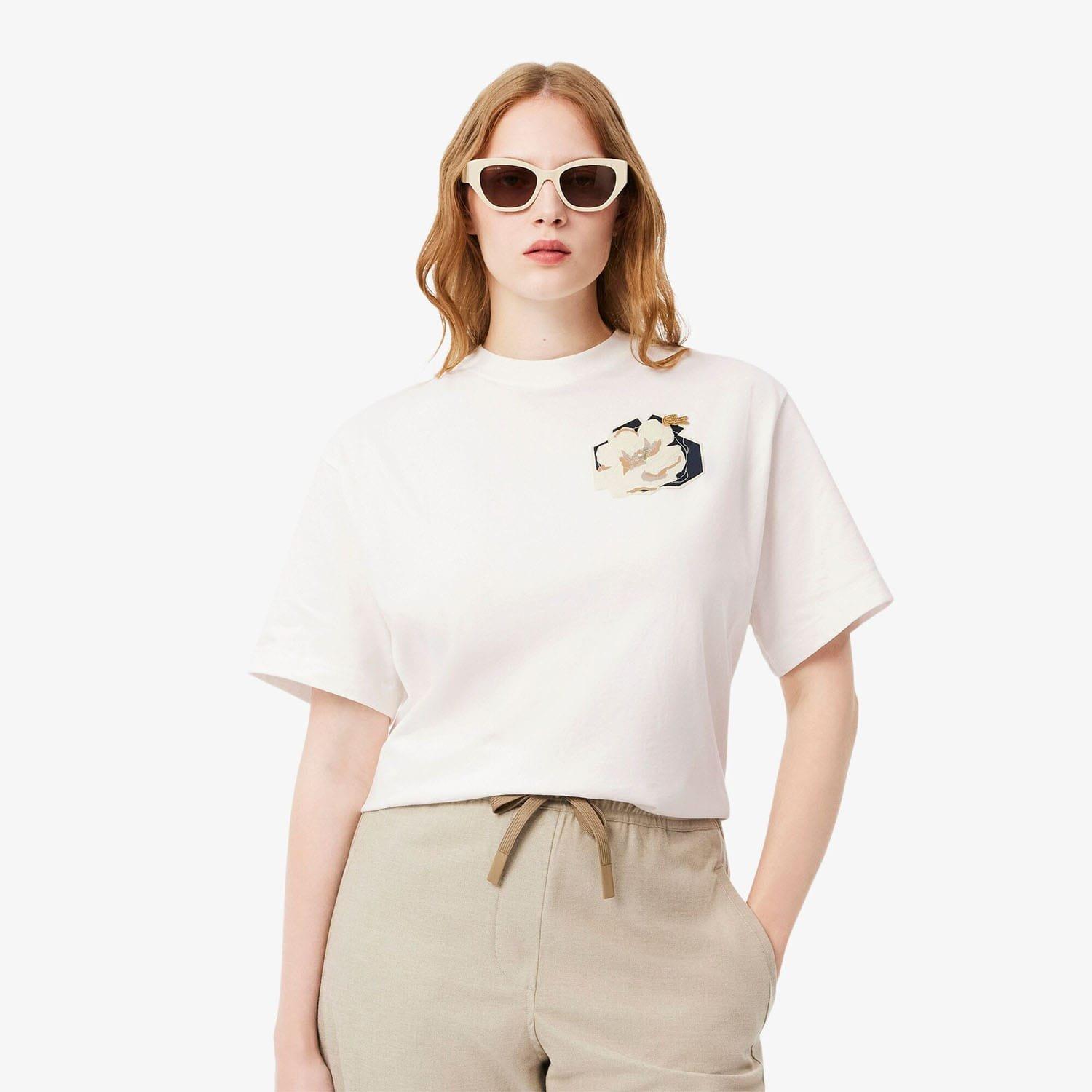 White - Lacoste - Oversized Flower Print Cotton T-Shirt - 5