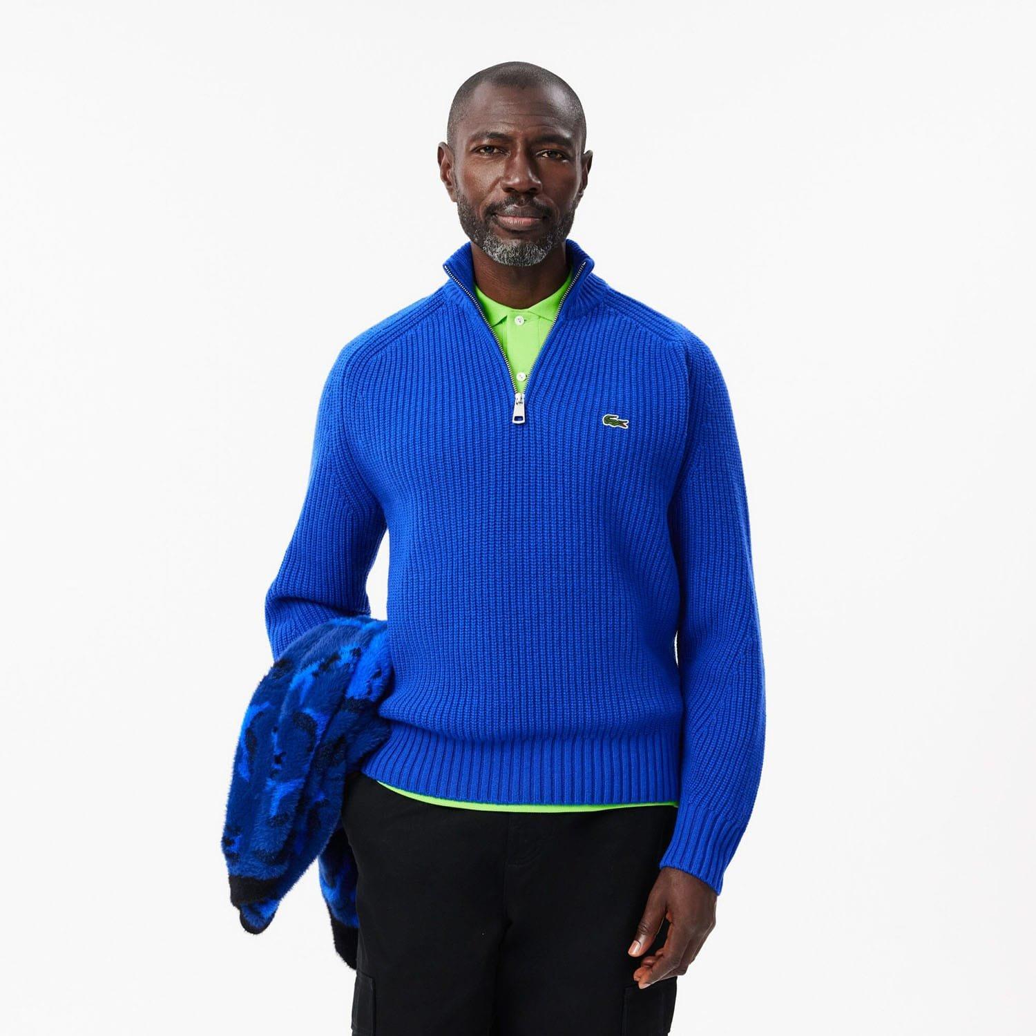 Blue - Lacoste - Zipped High Neck Carded Wool Sweater - 1