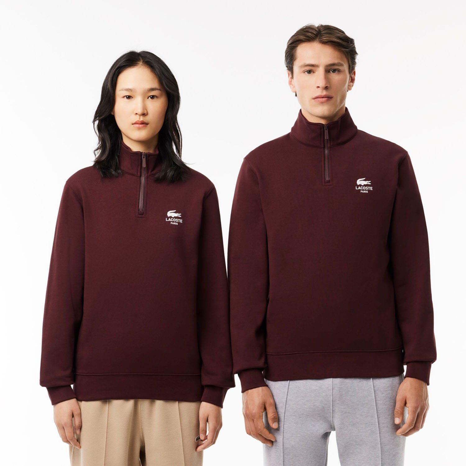 Red Maroon - Lacoste - High Neck Zip-Up Print Sweatshirt - 1