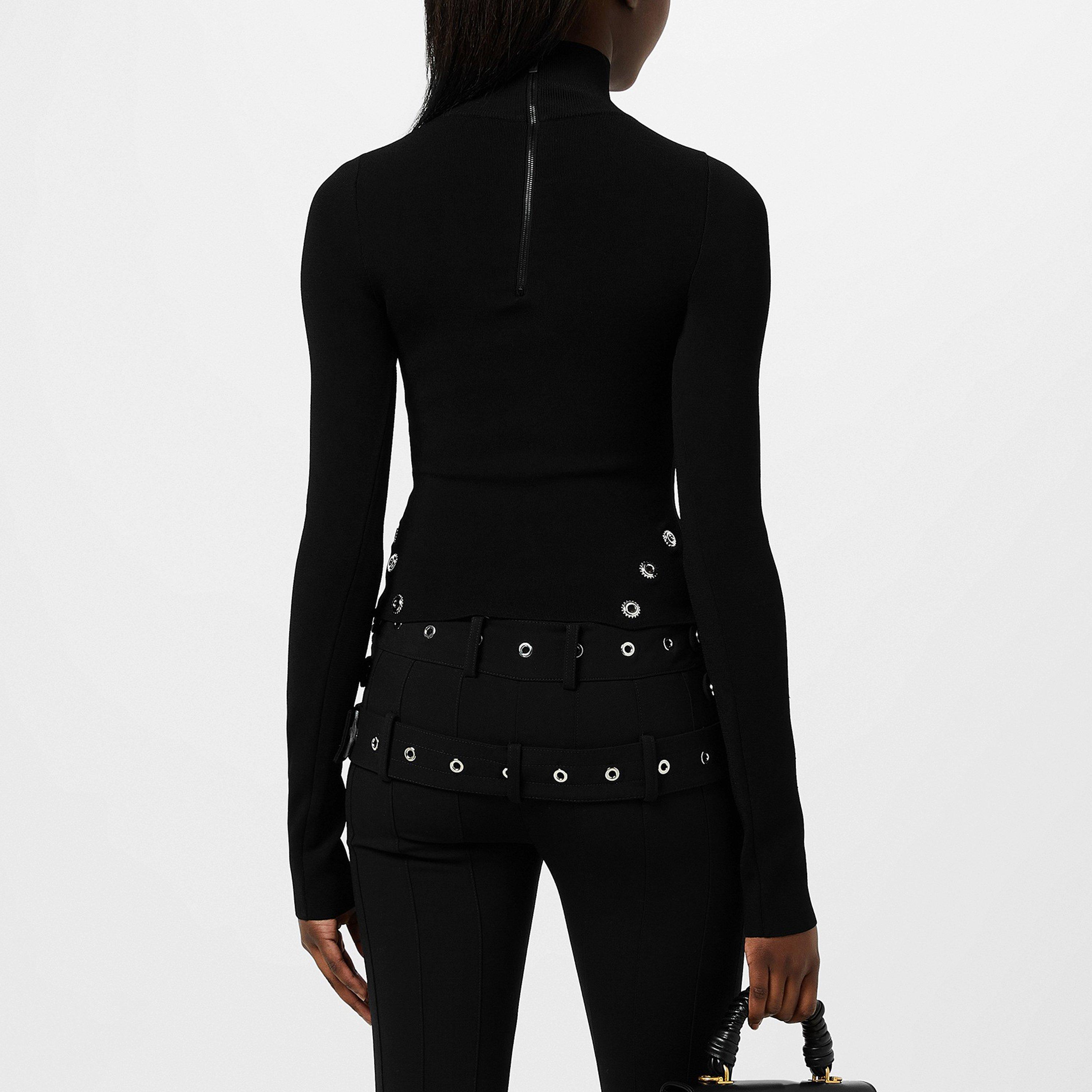 Black - Off White - Women's Eyelet Knitted Top with Silver-tone Embellishments - 2