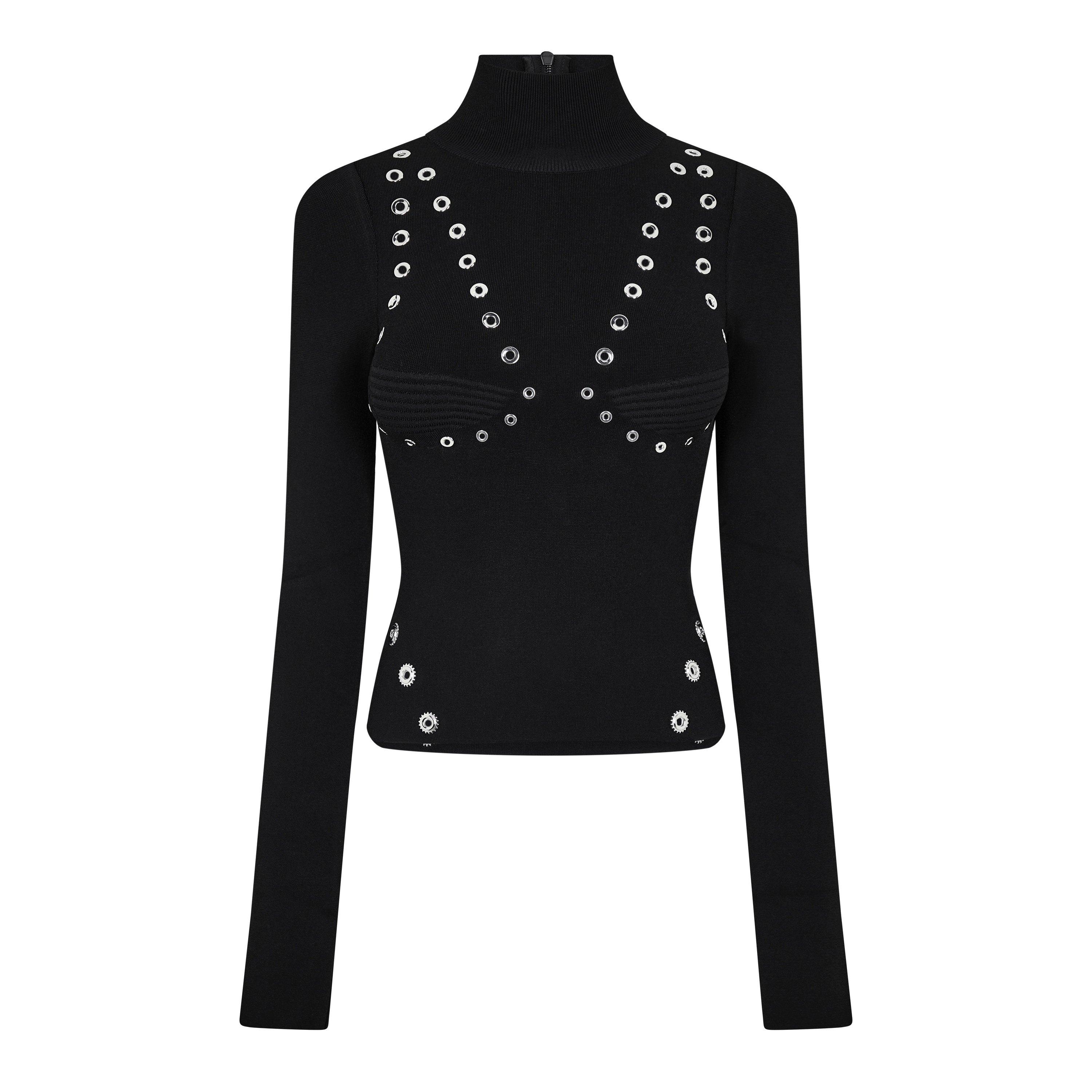 Black - Off White - Women's Eyelet Knitted Top with Silver-tone Embellishments - 5