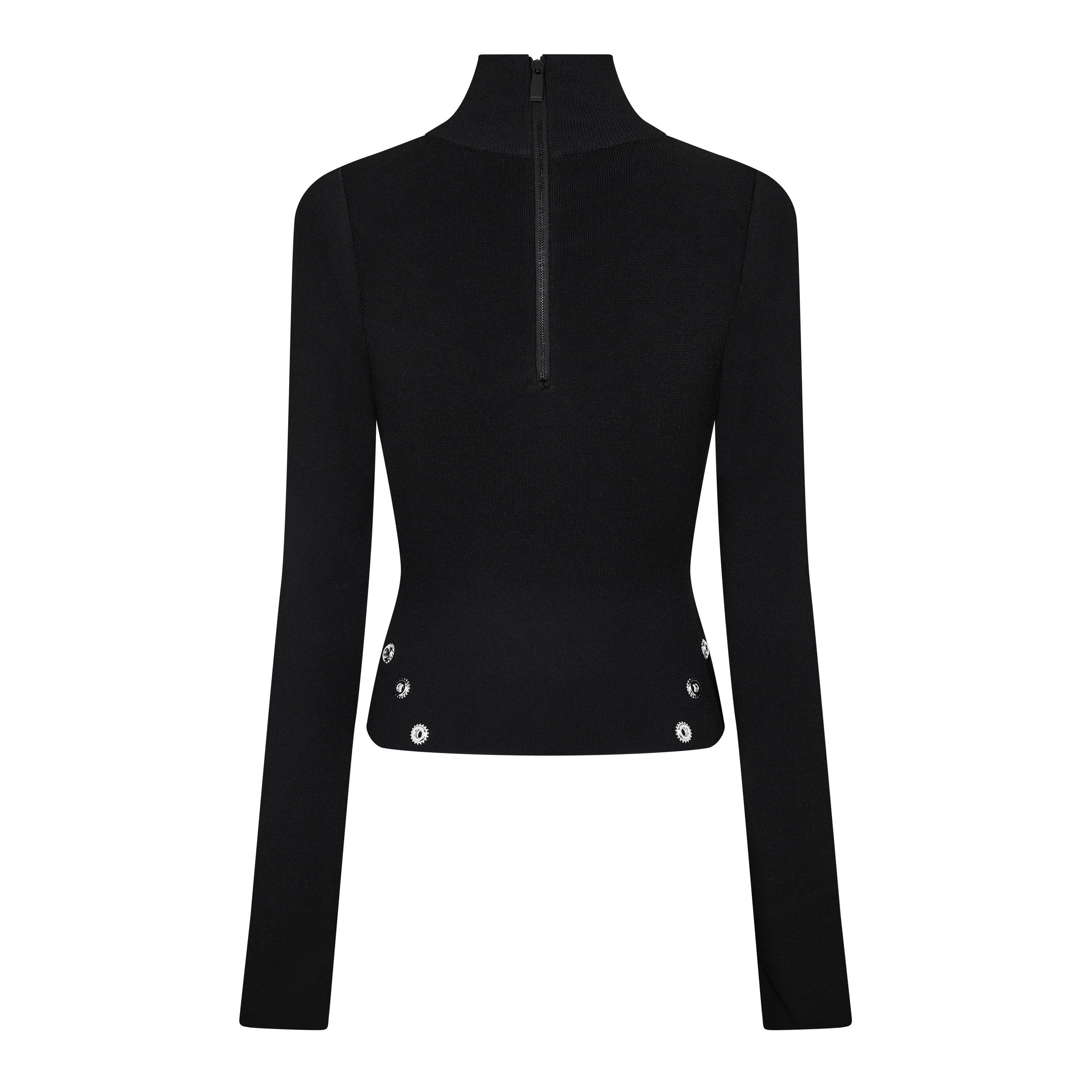 Black - Off White - Women's Eyelet Knitted Top with Silver-tone Embellishments - 6