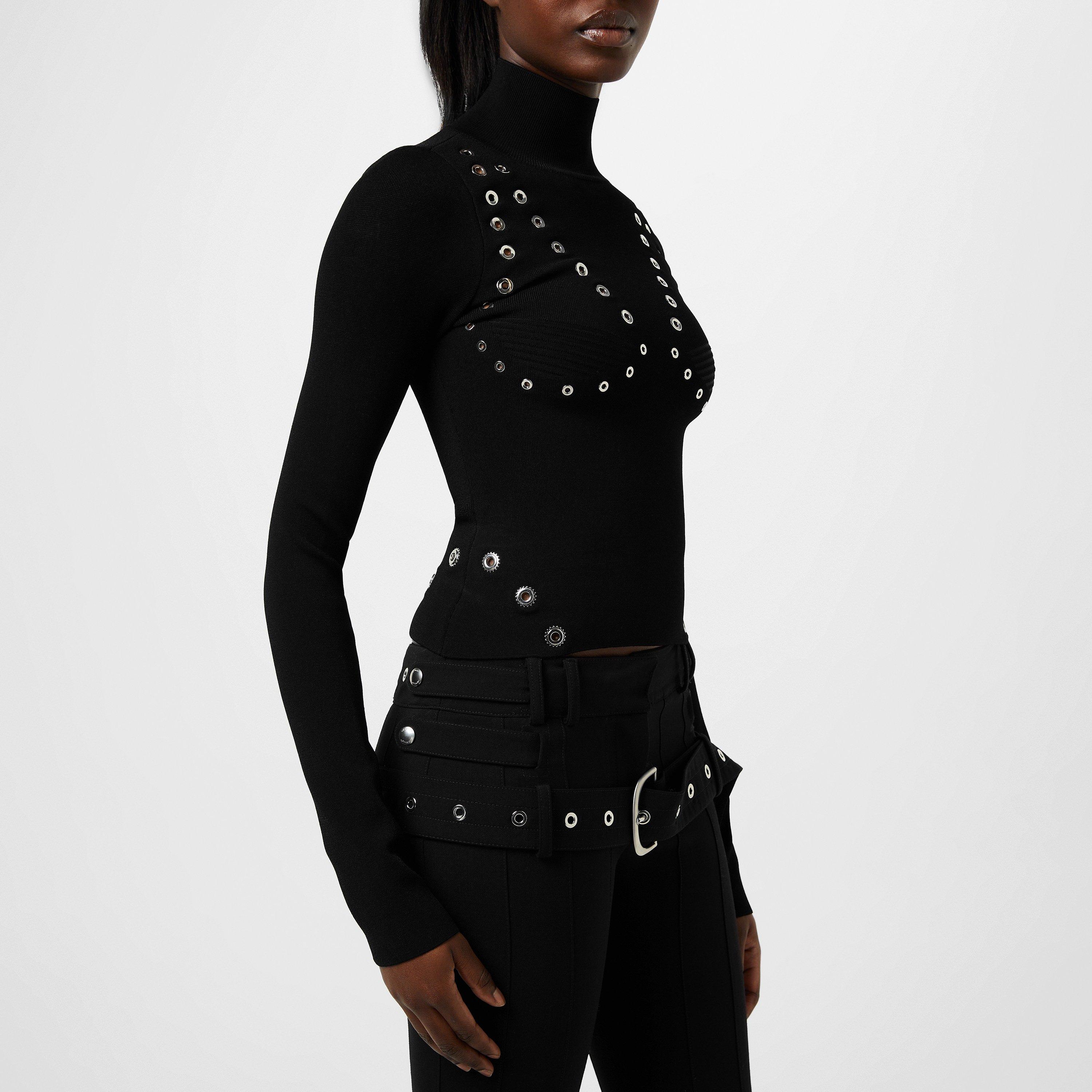 Black - Off White - Women's Eyelet Knitted Top with Silver-tone Embellishments - 3