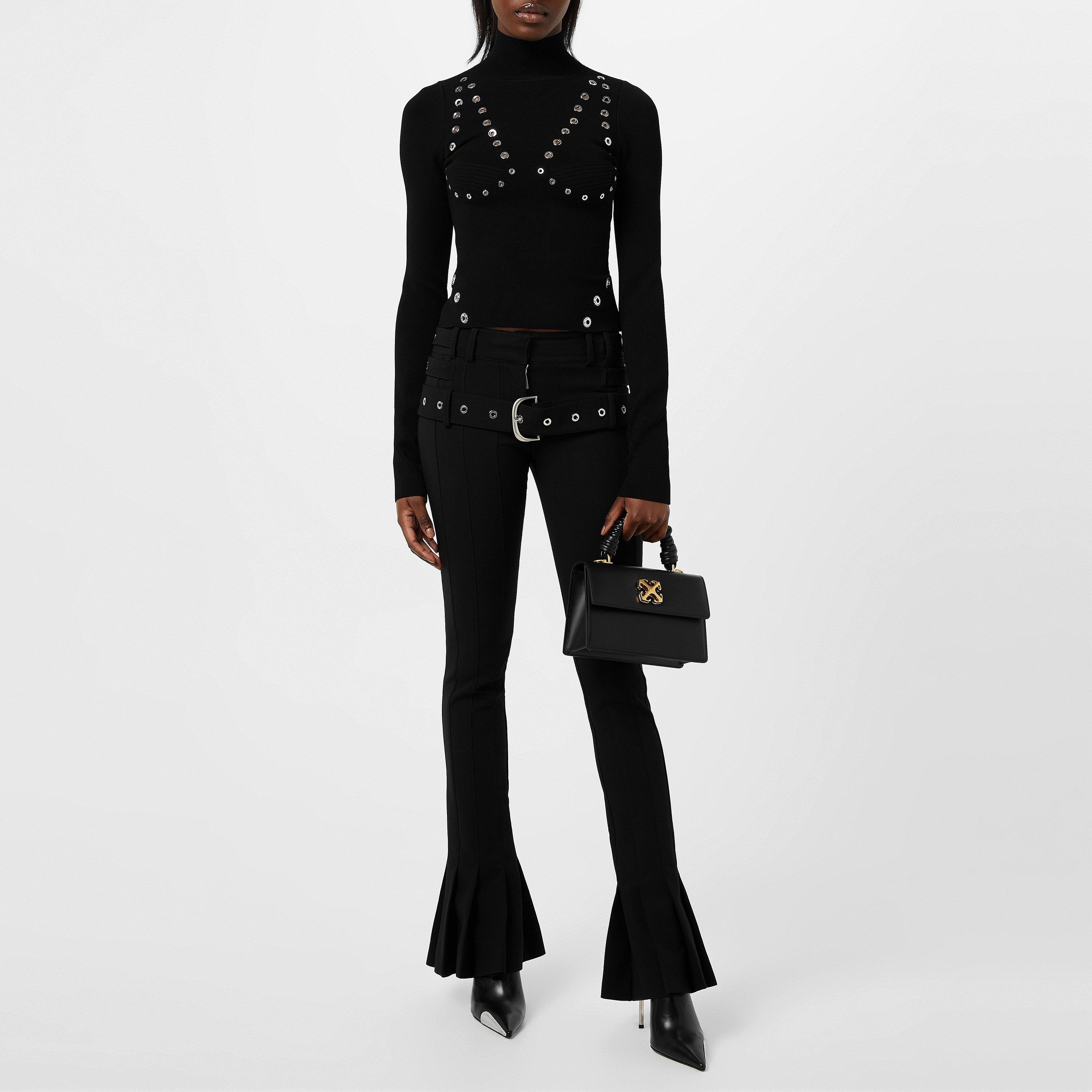 Black - Off White - Women's Eyelet Knitted Top with Silver-tone Embellishments - 4