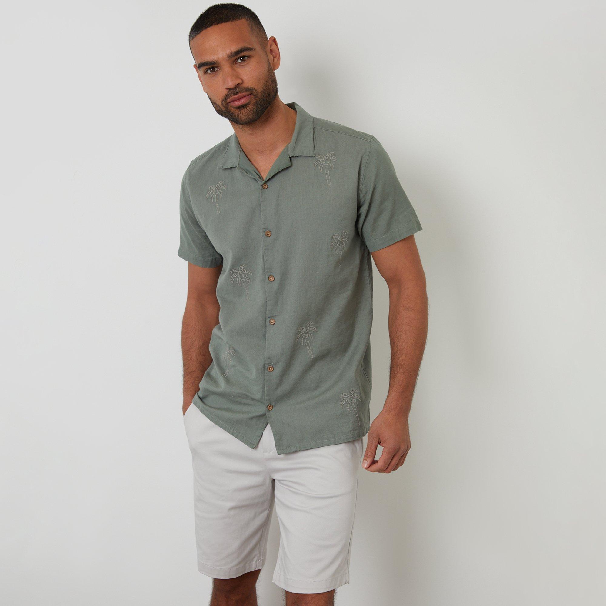 Threadbare Linen Blend Palm Embroidered Short Sleeve Shirt