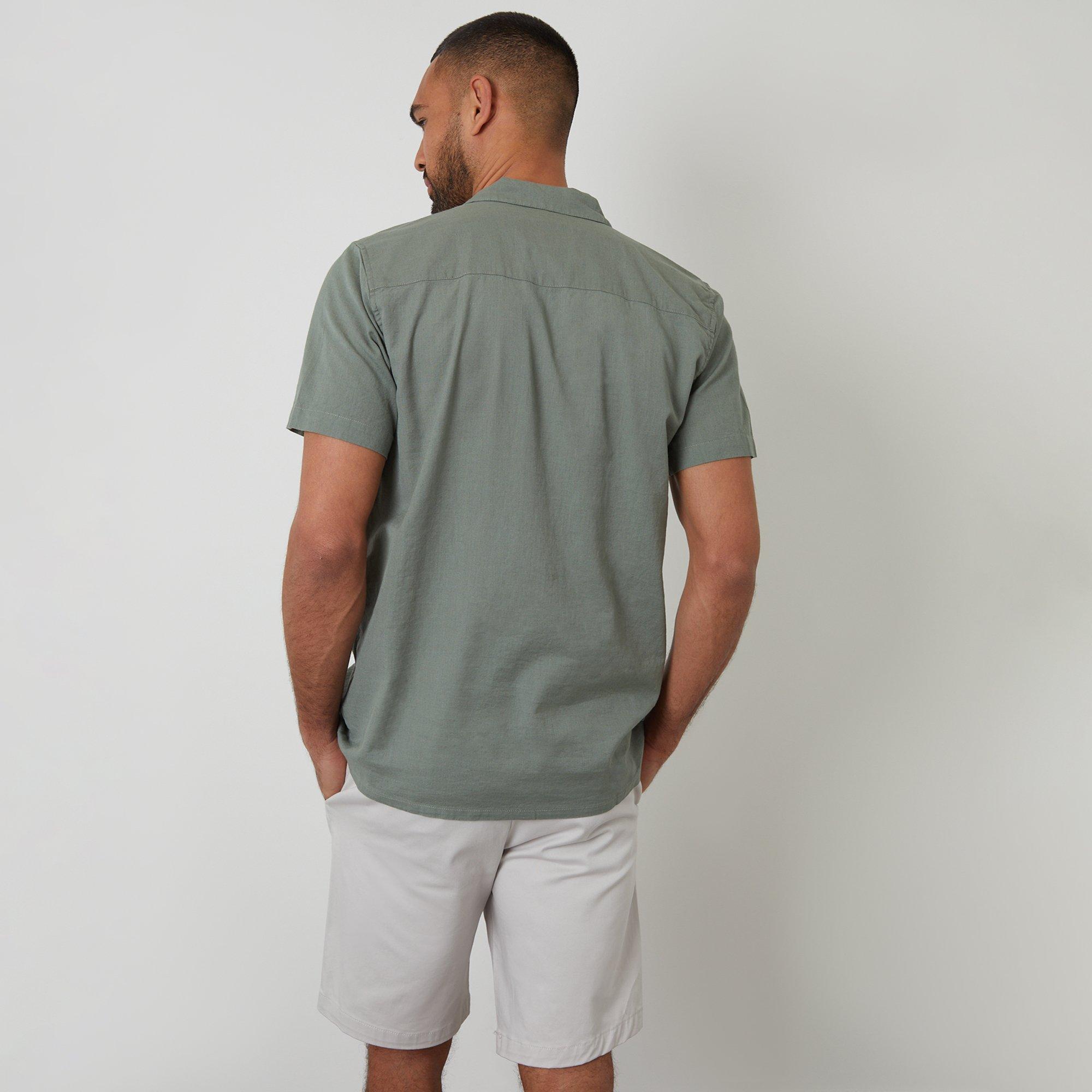 Pale Green - Threadbare - Linen Blend Palm Embroidered Short Sleeve Shirt - 2