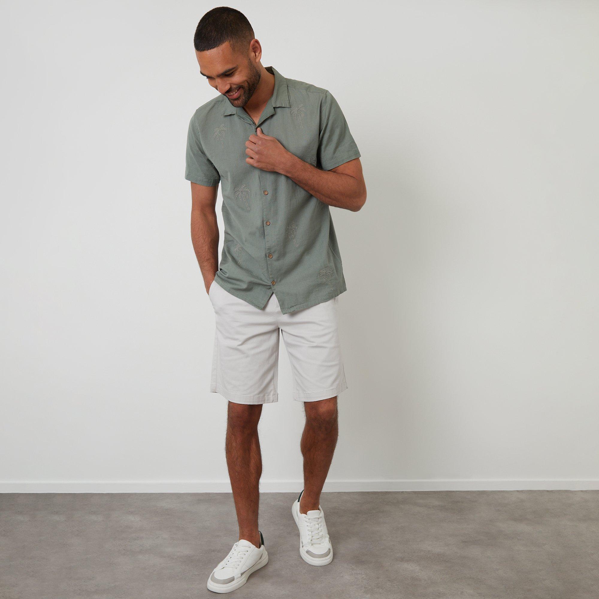 Pale Green - Threadbare - Linen Blend Palm Embroidered Short Sleeve Shirt - 3