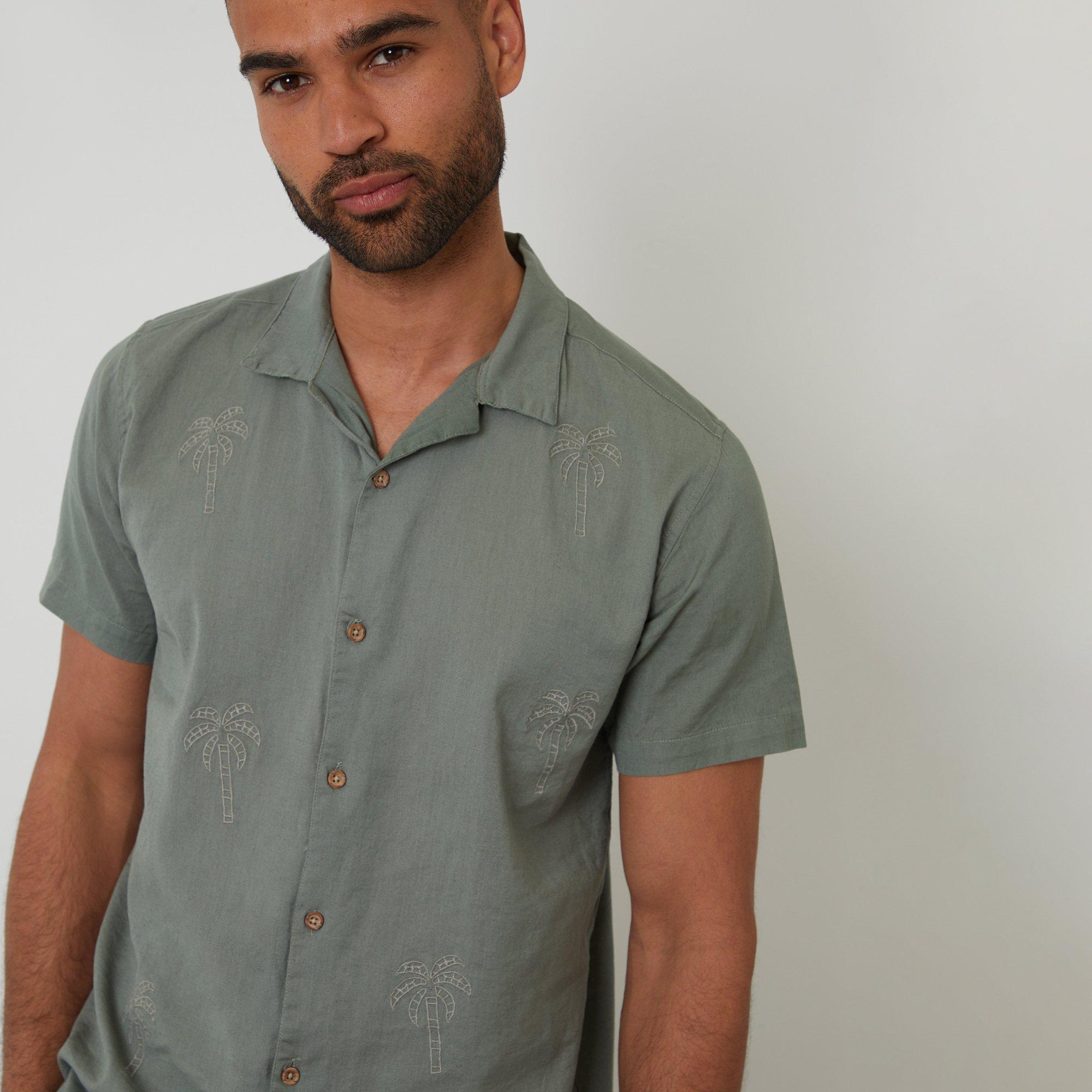 Pale Green - Threadbare - Linen Blend Palm Embroidered Short Sleeve Shirt - 4