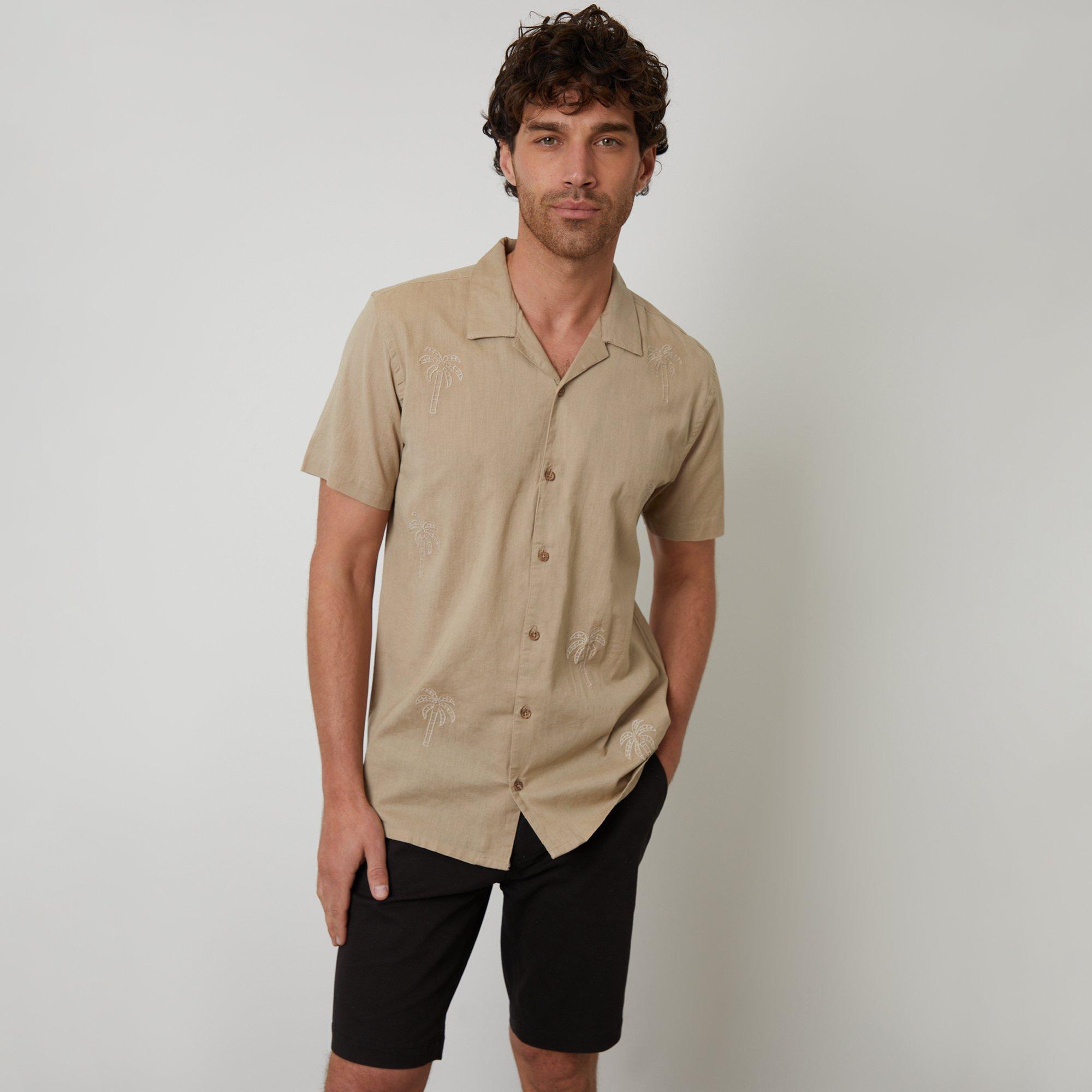 Linen Blend Palm Embroidered Short Sleeve Shirt