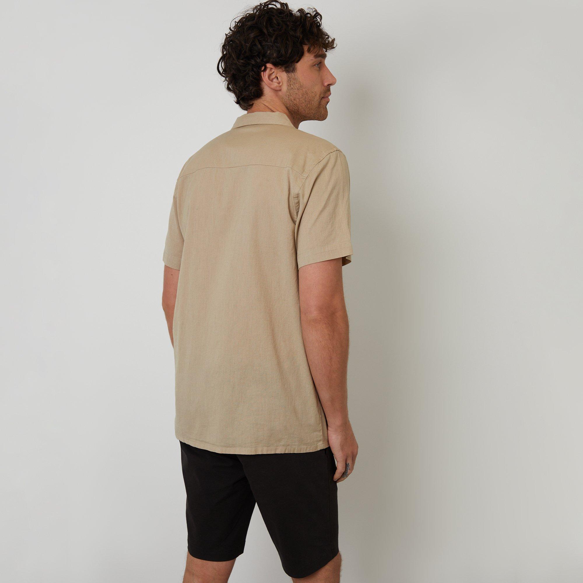 Stone - Threadbare - Linen Blend Palm Embroidered Short Sleeve Shirt - 2
