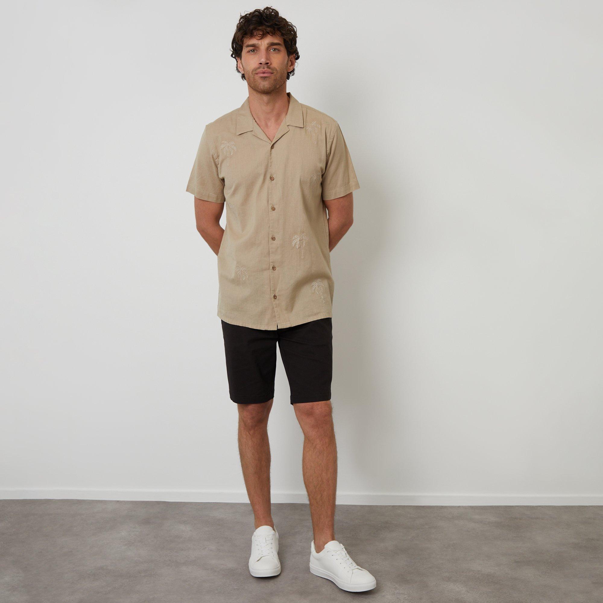 Stone - Threadbare - Linen Blend Palm Embroidered Short Sleeve Shirt - 3