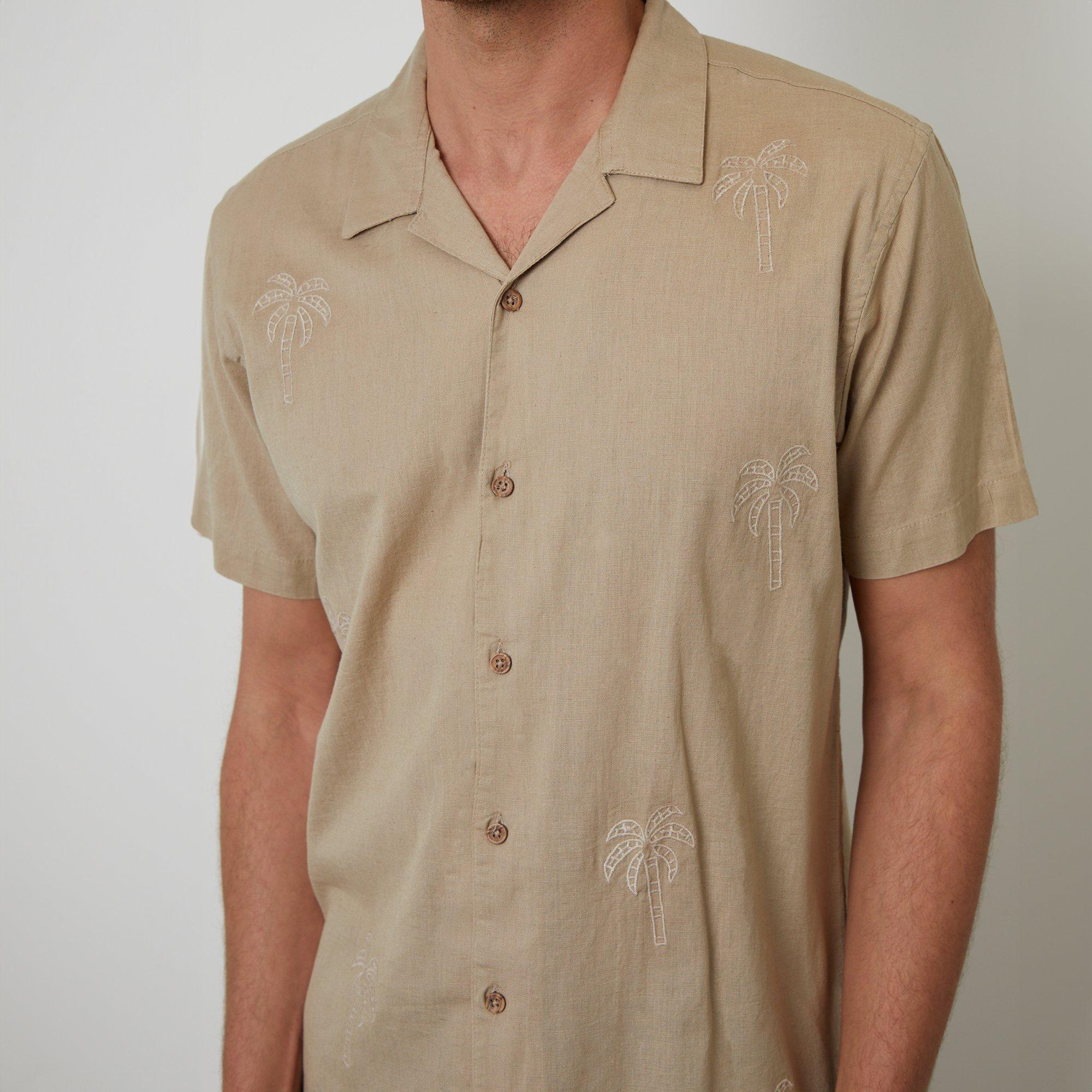 Stone - Threadbare - Linen Blend Palm Embroidered Short Sleeve Shirt - 4