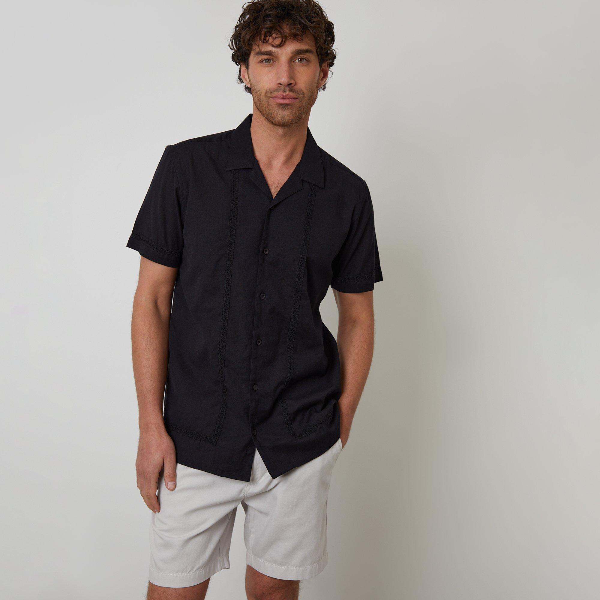 Threadbare Men's Linen Blend Lace Trim Relaxed Fit Shirt - Black - S