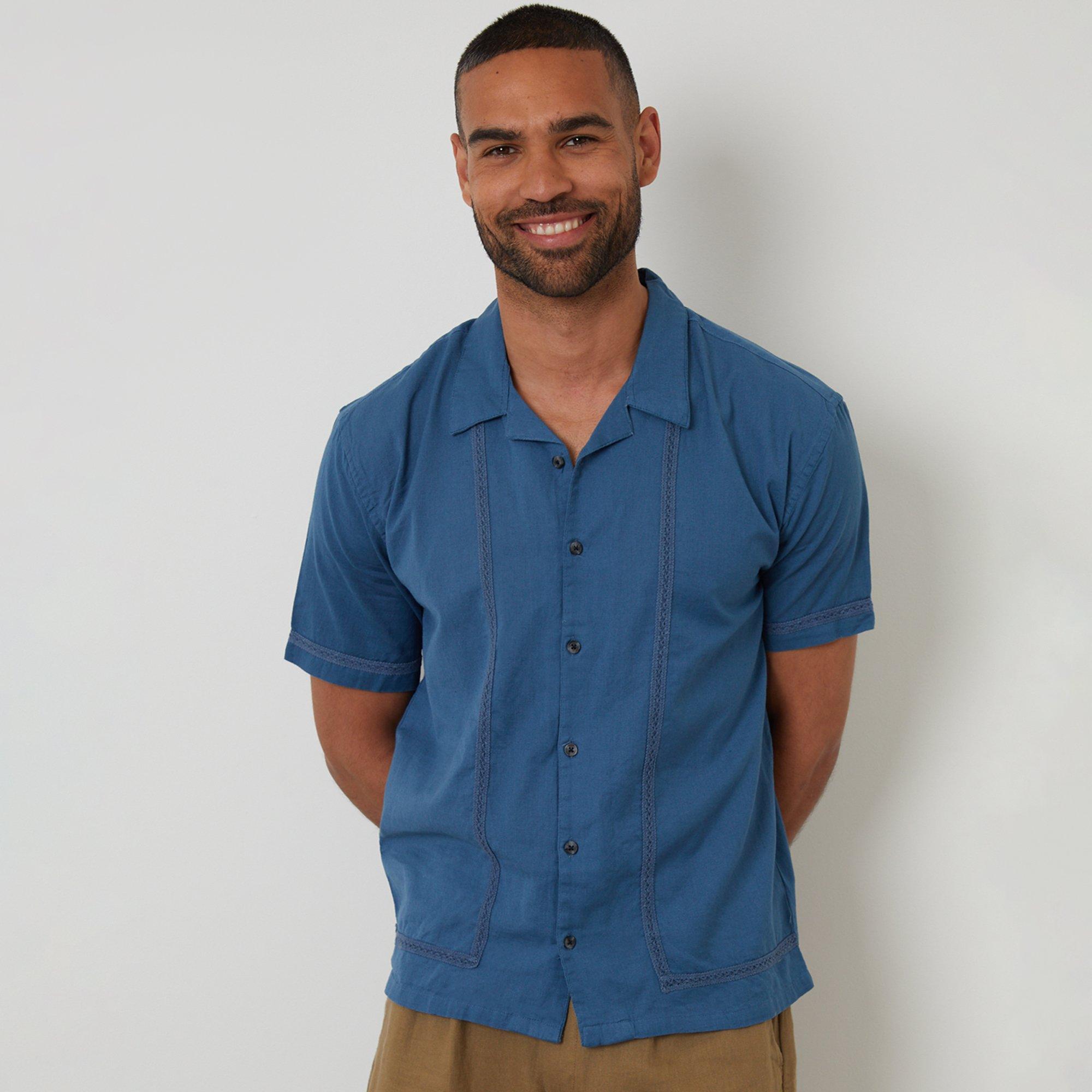 Threadbare Men's Linen Blend Lace Trim Relaxed Fit Shirt - Blue - M