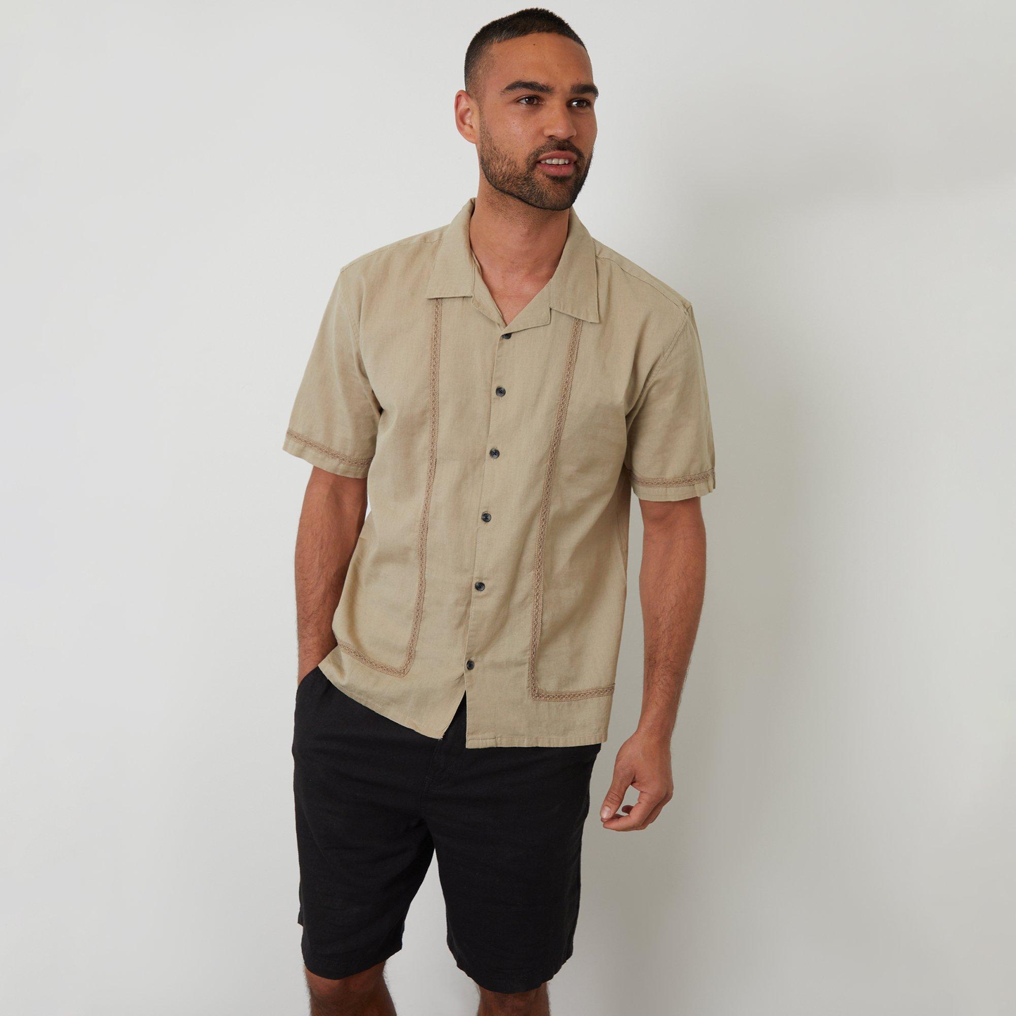 Threadbare Men's Linen Blend Lace Trim Relaxed Fit Shirt - Stone - L