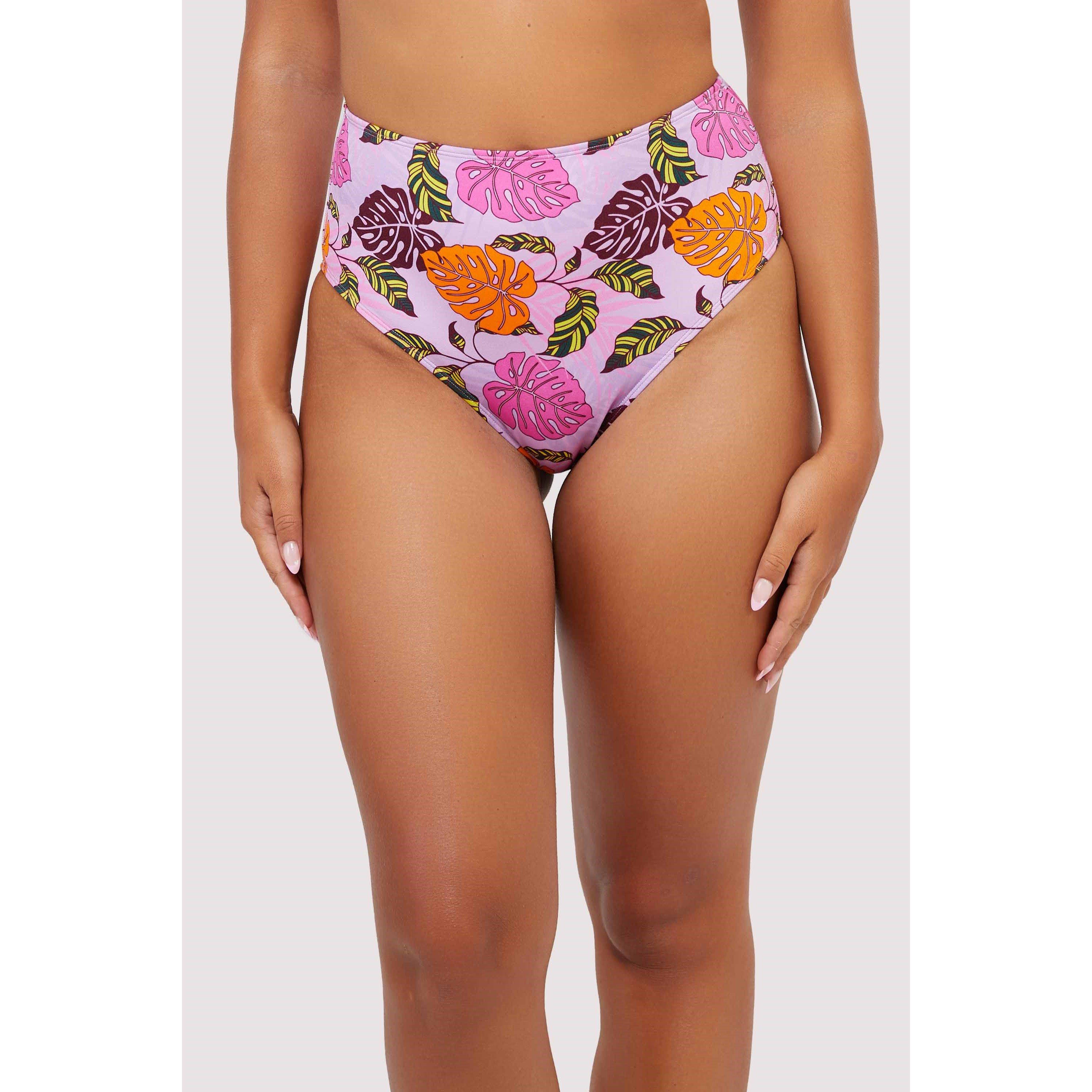 Pink - Peek and Beau - Mix & Match Palm Print High Waisted Bikini Bottom - 1