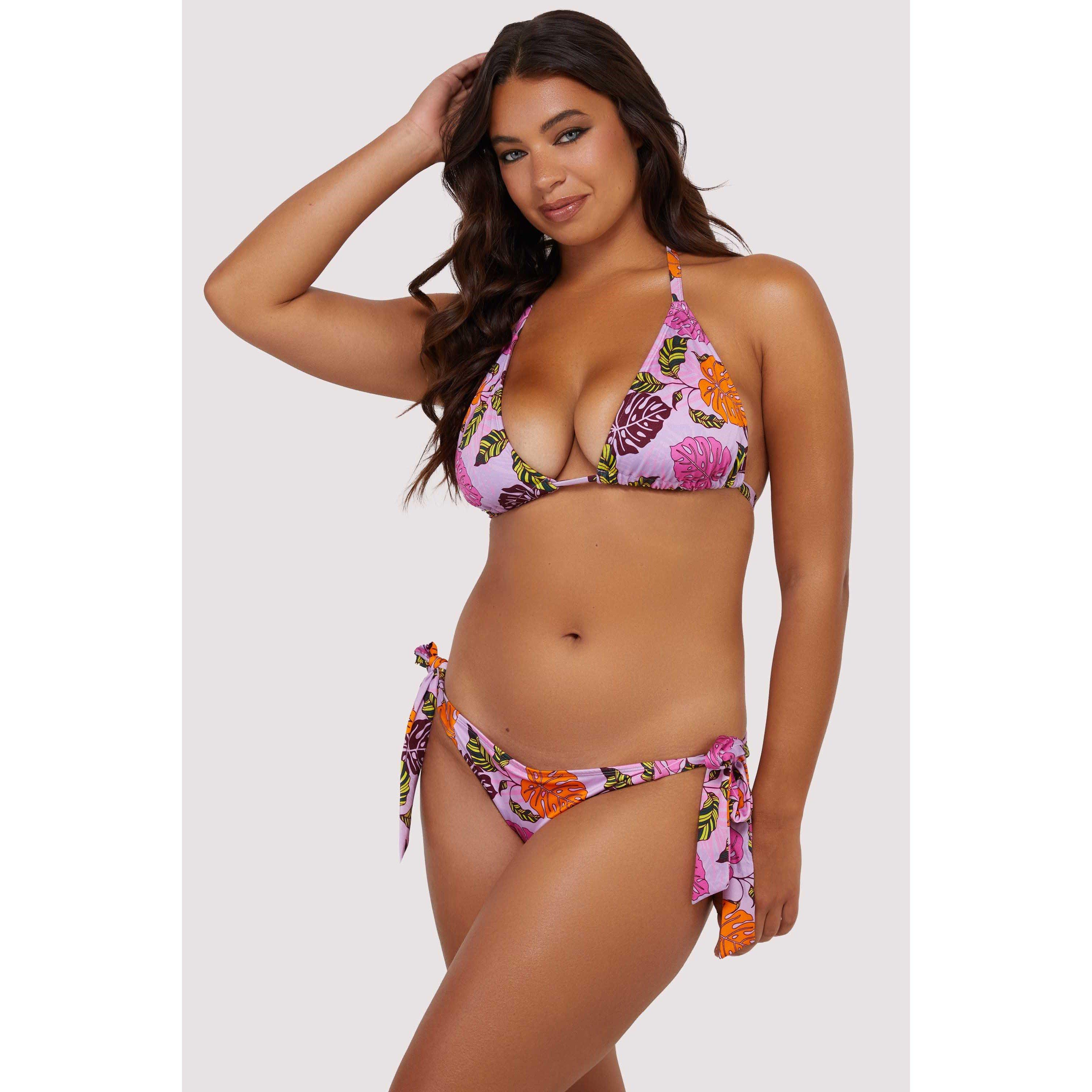 Pink - Peek and Beau - Fb Mix & Match Pink Palm Print Triangle Bikini Top - 4