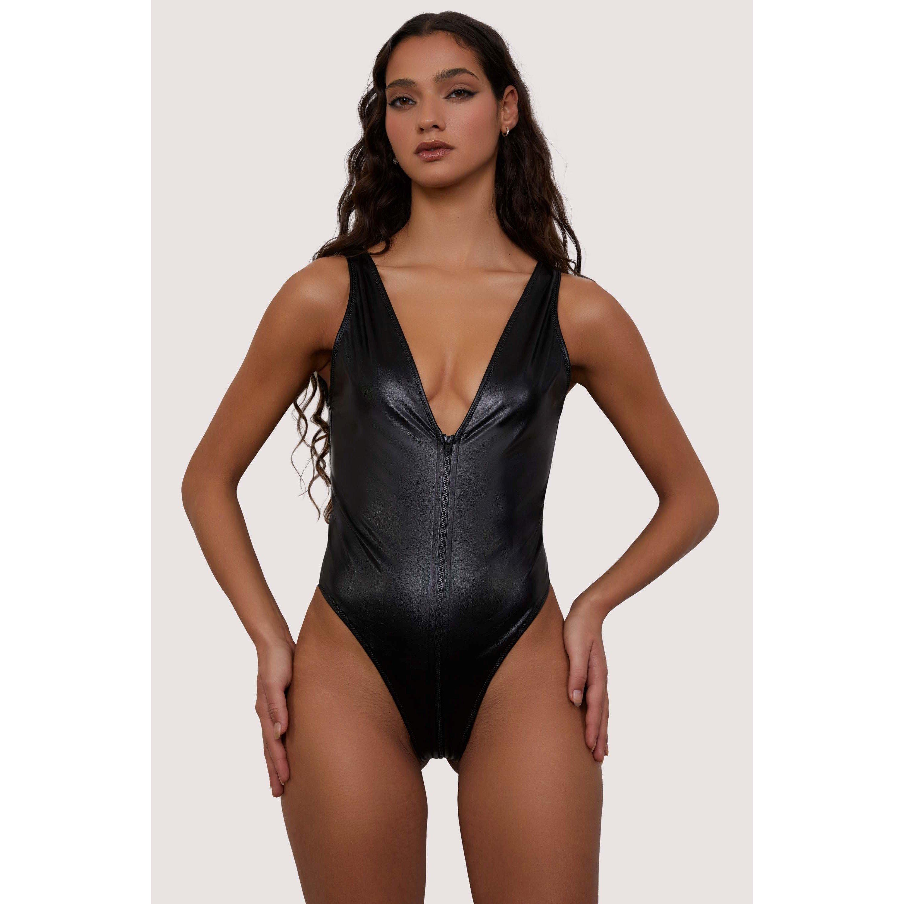 Black - Wolf and Whistle - Arya Black PVC Cut Out Zip Up Body - 3