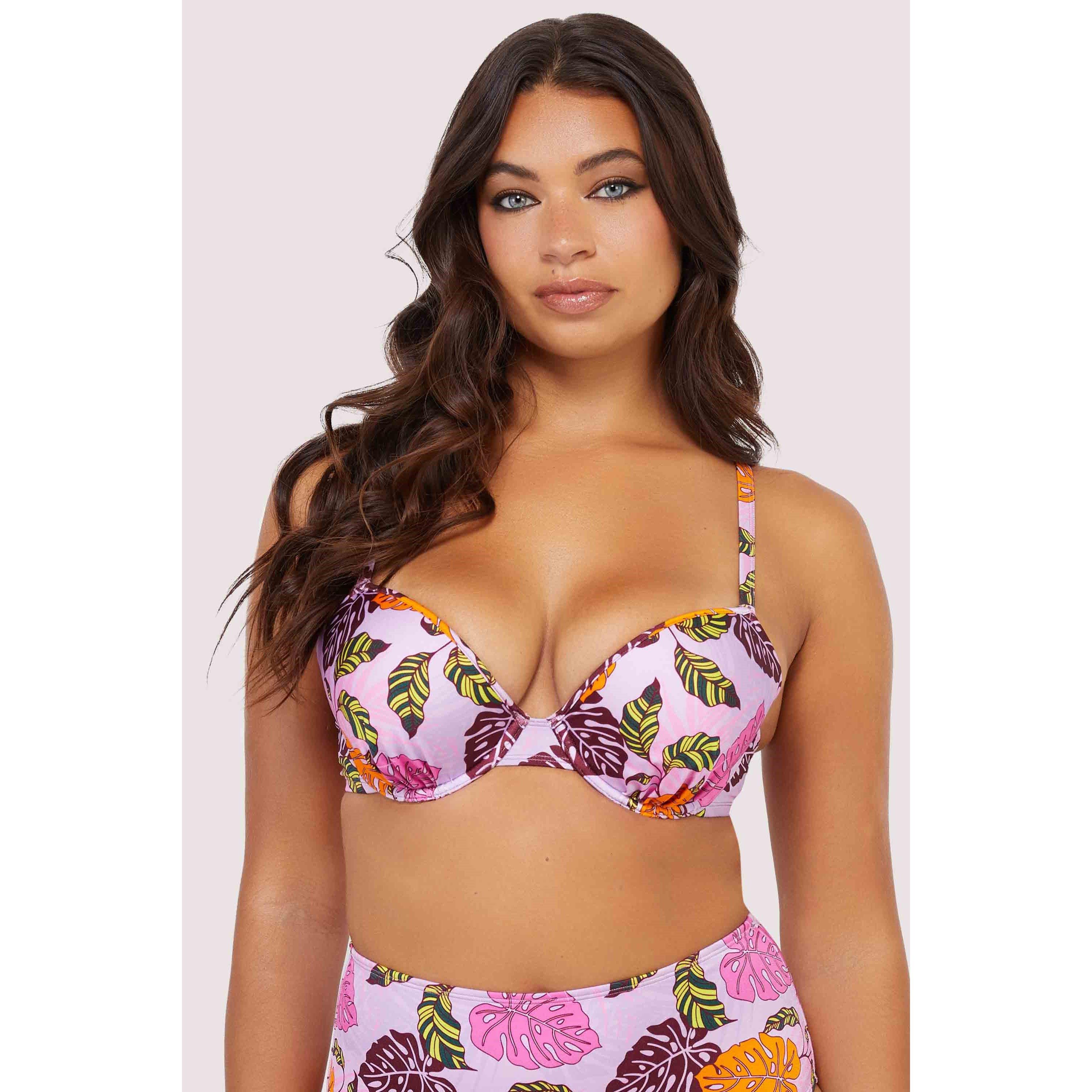 Pink - Peek and Beau - Pb Fb Mix/Match Pink Palm Print Plunge Bikini Top - 1