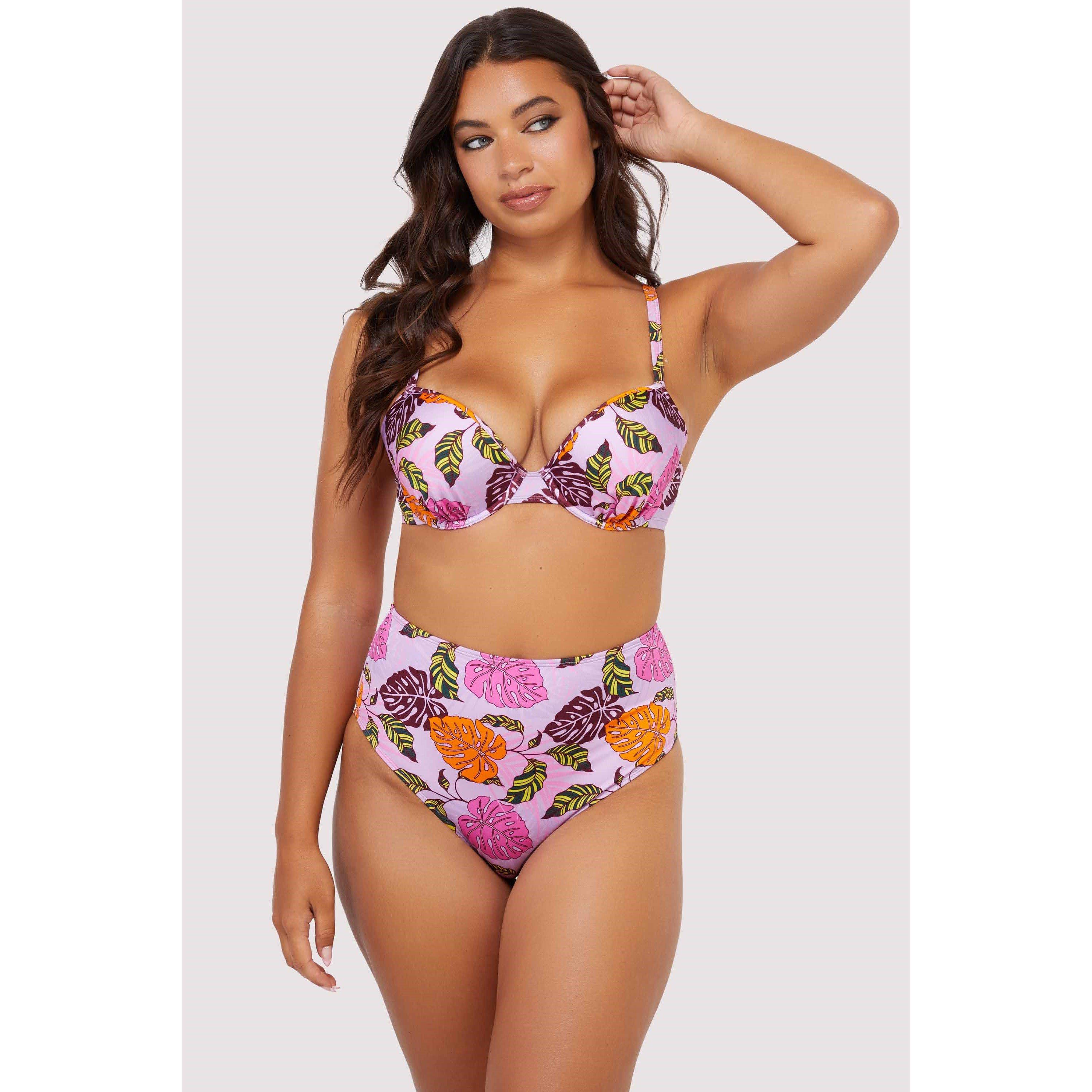 Pink - Peek and Beau - Fb Mix/Match Pink Palm Print Plunge Bikini Top - 3