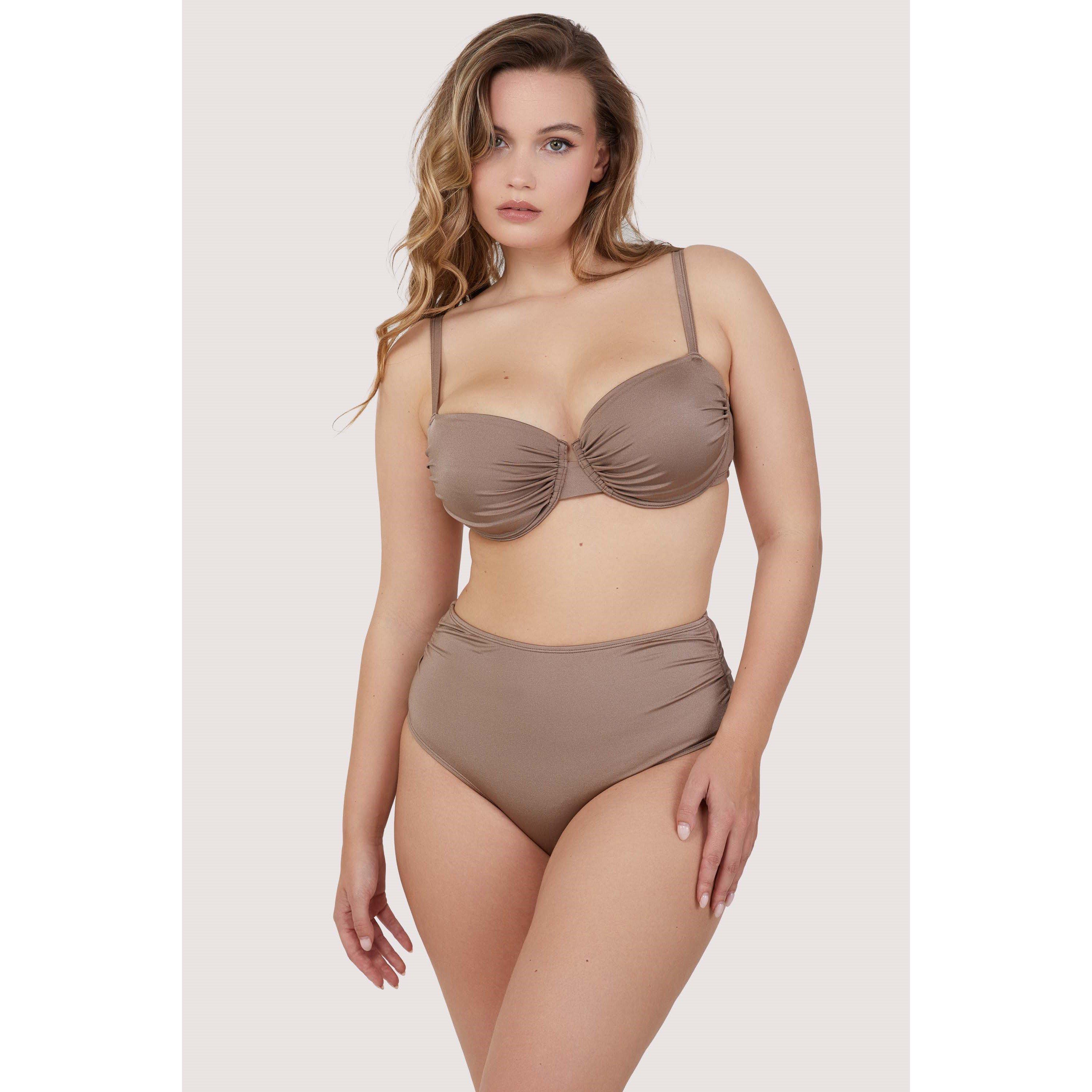 Taupe - Wolf and Whistle - Neutral High Waist High Leg Ruched Bikini Bottom - 3