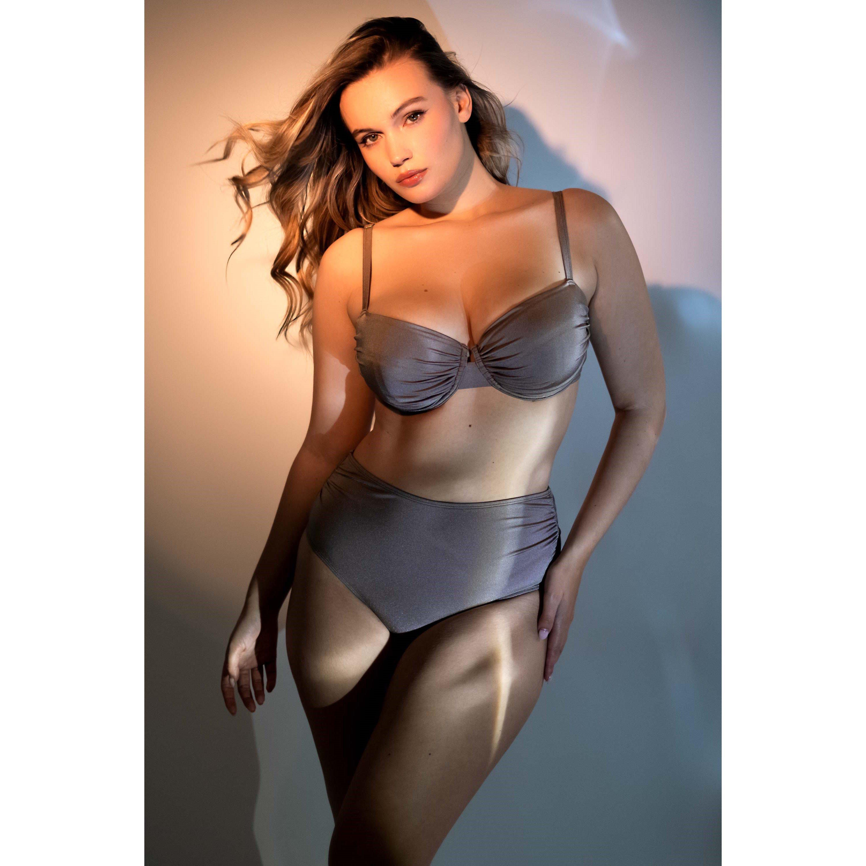 Taupe - Wolf and Whistle - Neutral High Waist High Leg Ruched Bikini Bottom - 4