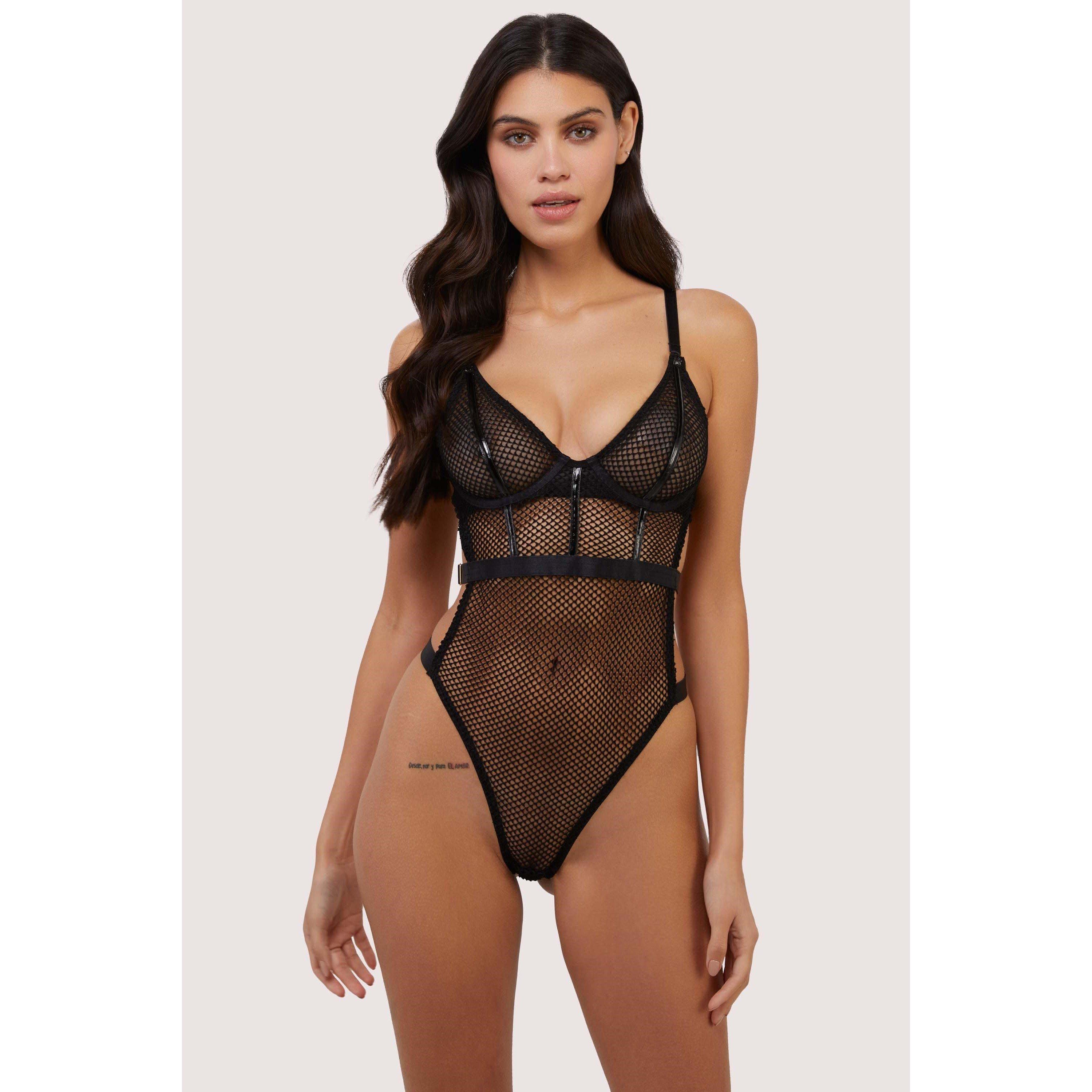 Black - Wolf and Whistle - Selena Extreme Black High Leg Fishnet Wired Body - 1