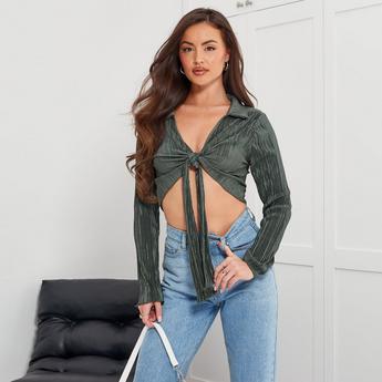 I Saw It First ISAWITFIRST Tie Front Plisse Crop Shirt