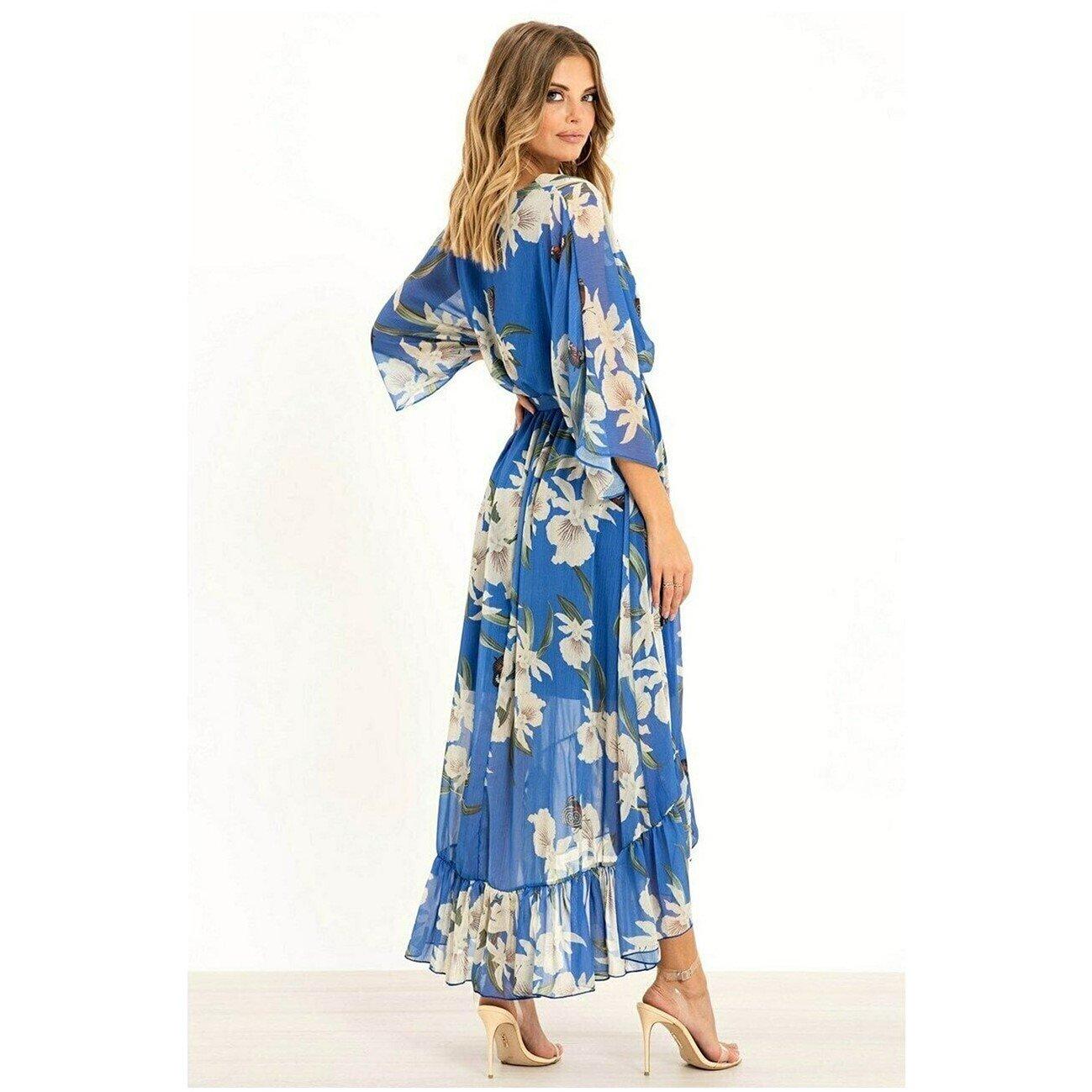 Blue - Yumi - Urban Blue Floral Kimono Midi Wrap Dress - 3