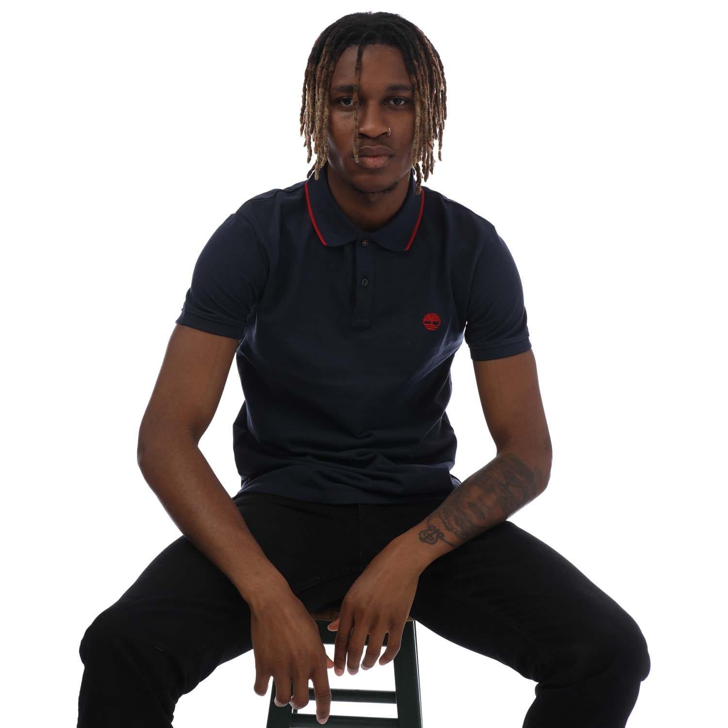 Navy - Timberland - Millers River Printed Neck Polo Shirt - 4