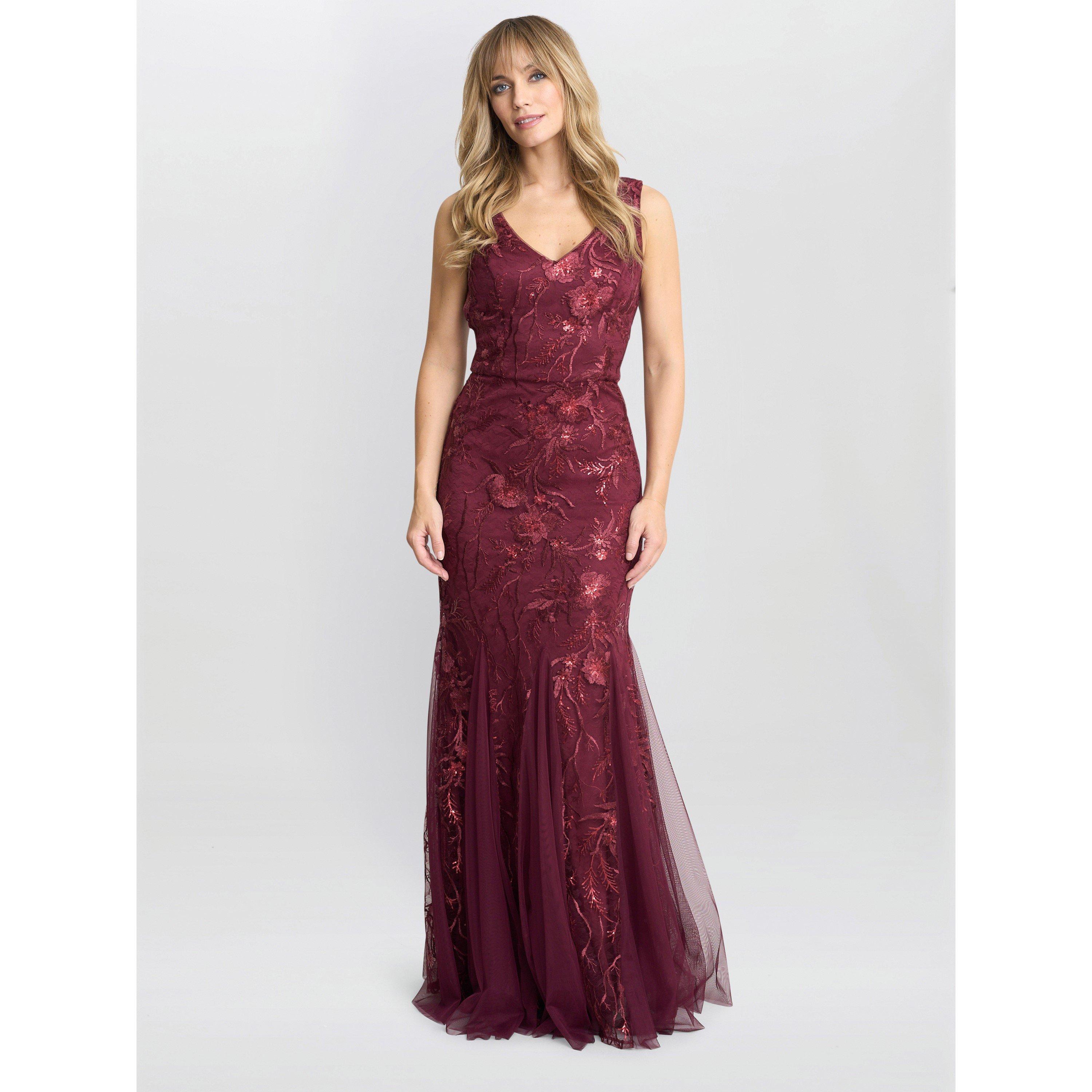 Gina Bacconi Women's Evie Sleeveless Maxi Embroidered Gown - Wine - 10