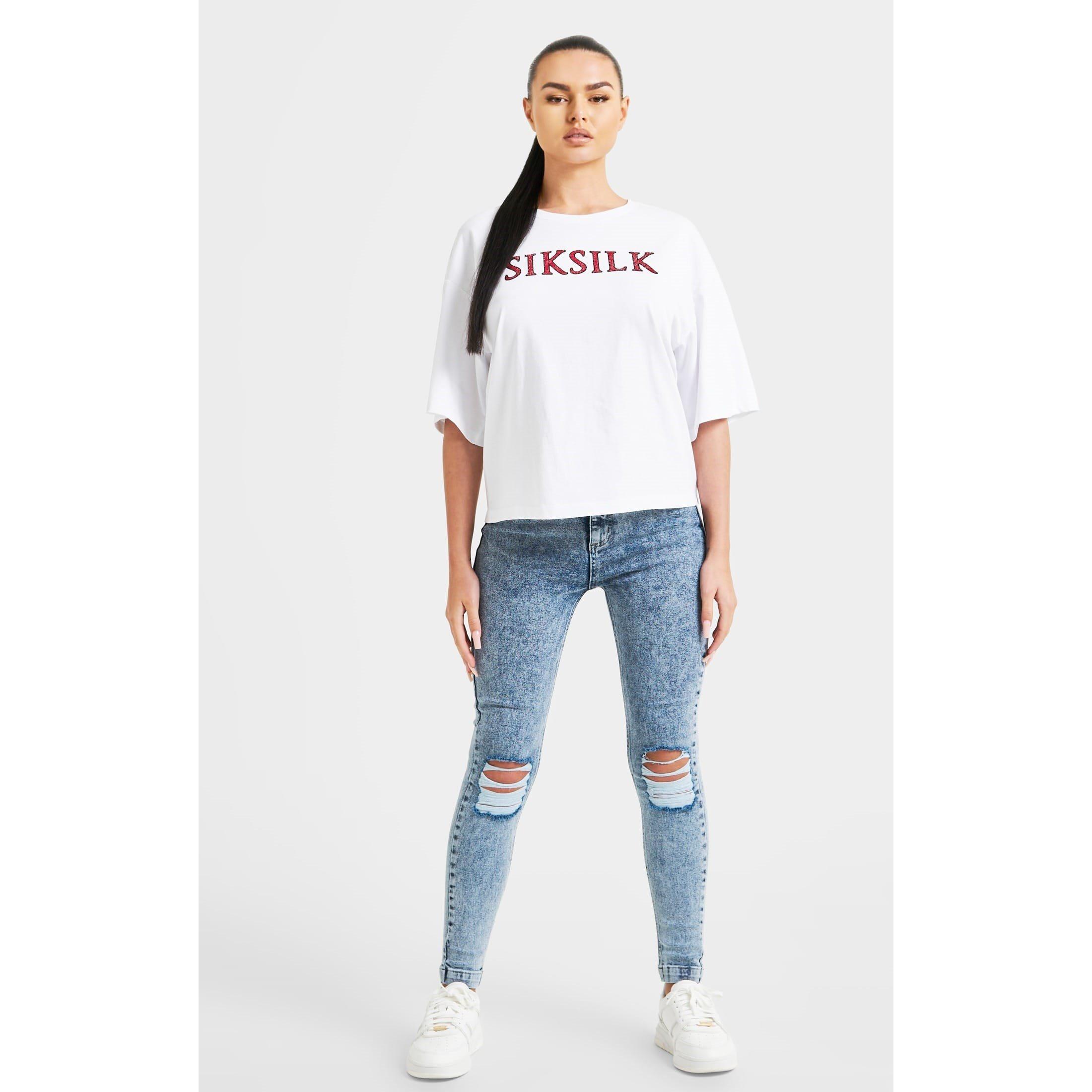 White - SikSilk - Sparkle Boxy Cropped T-Shirt - 3