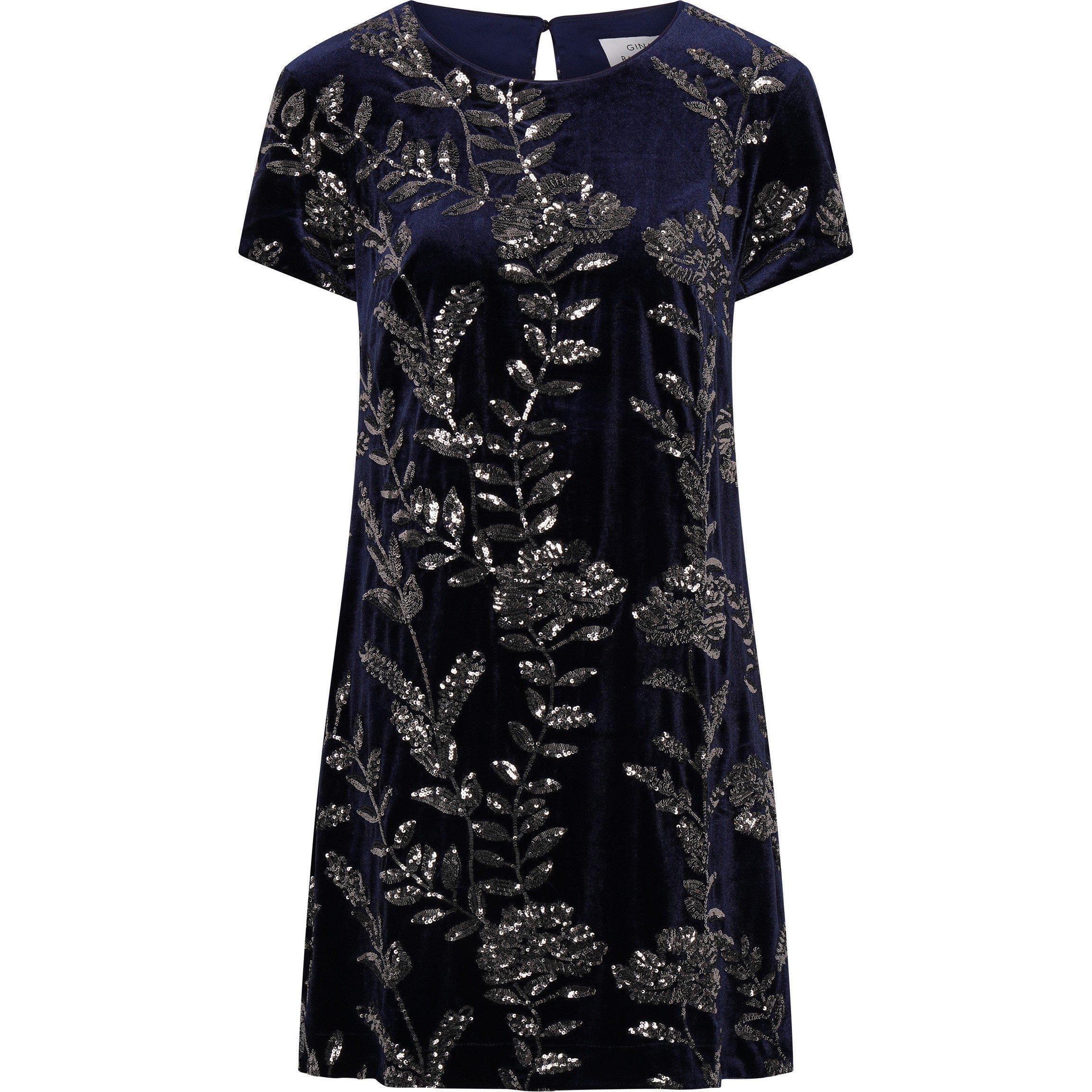 Navy - Gina Bacconi - Cleopatra Embroidered Velvet Dress - 1