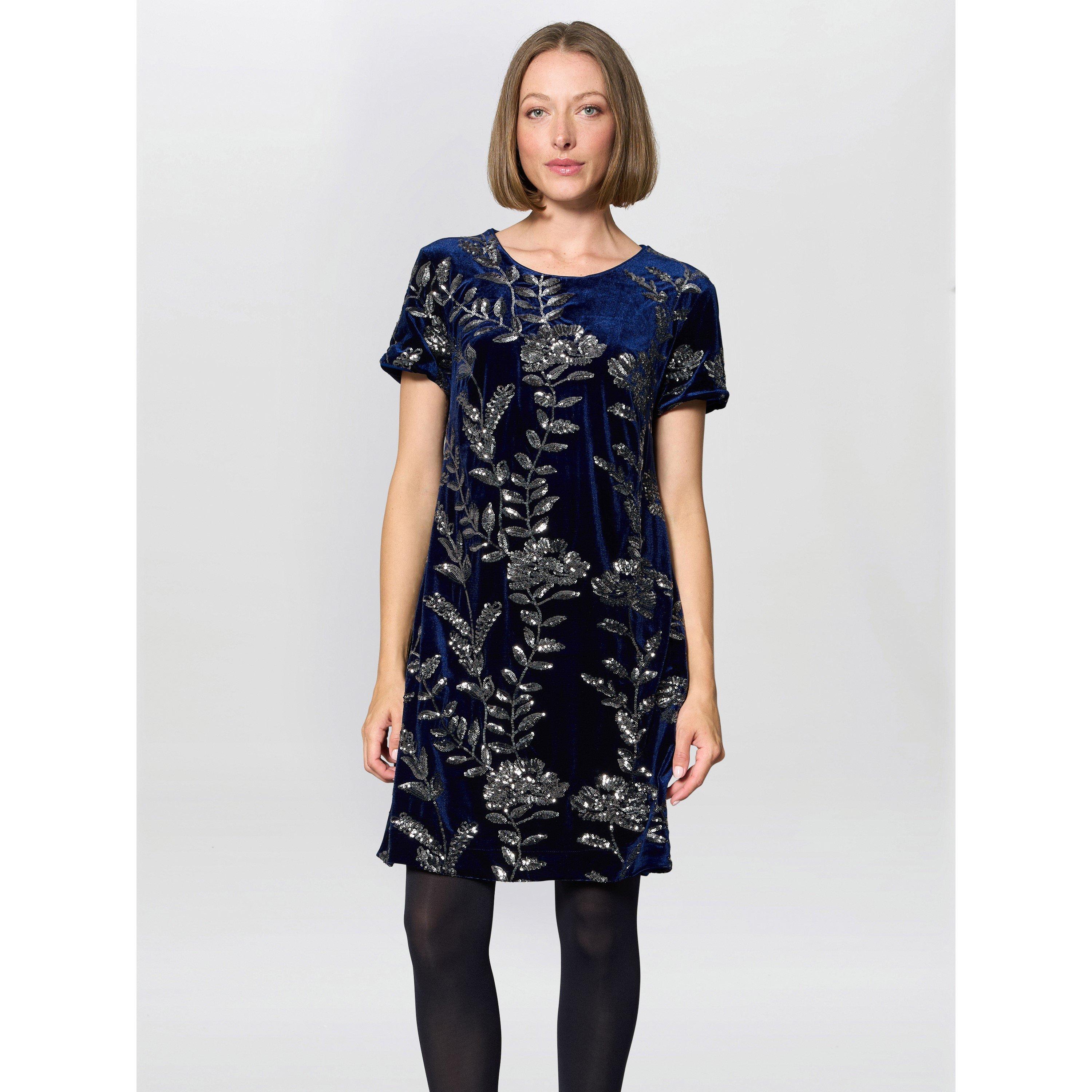 Navy - Gina Bacconi - Cleopatra Embroidered Velvet Dress - 2
