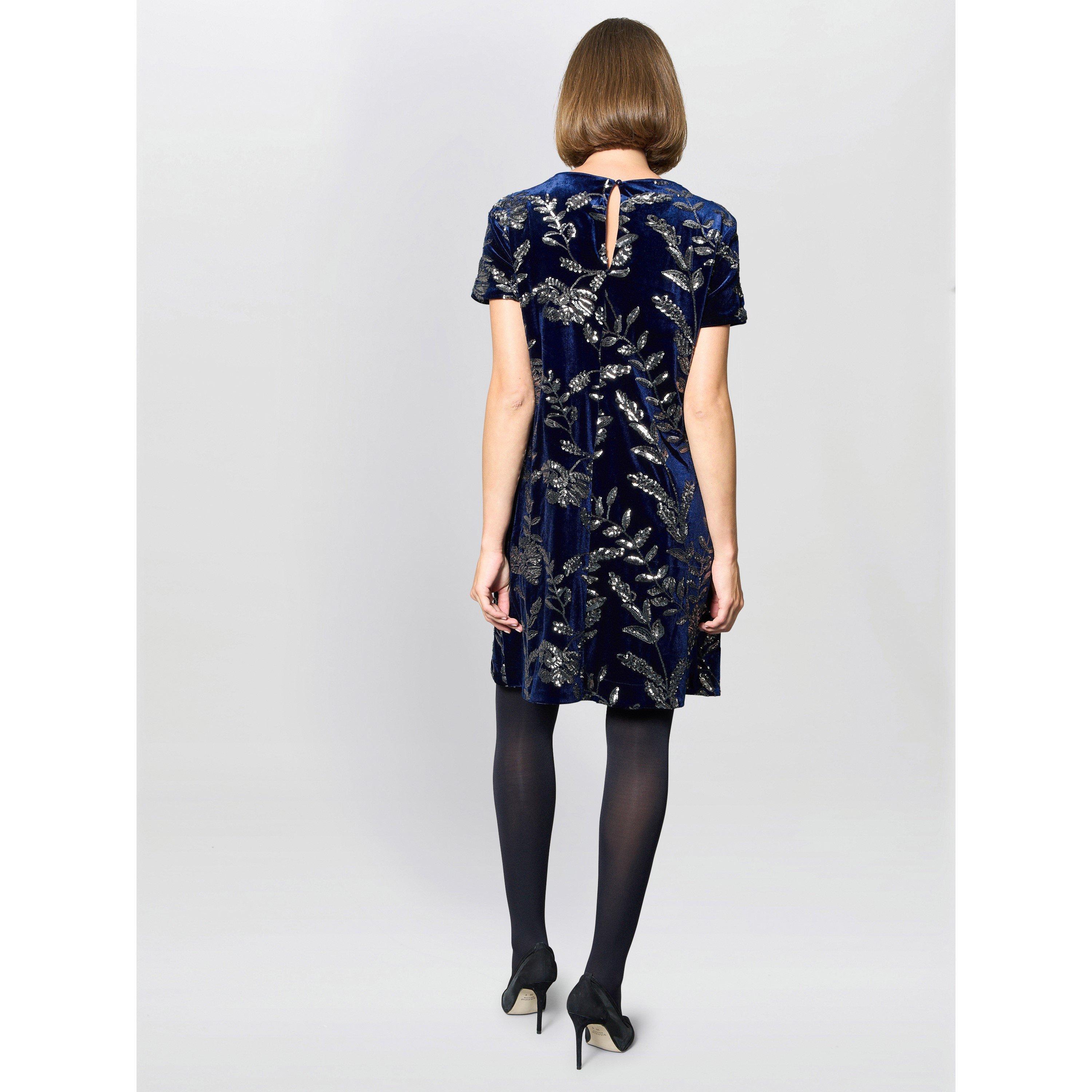 Navy - Gina Bacconi - Cleopatra Embroidered Velvet Dress - 3