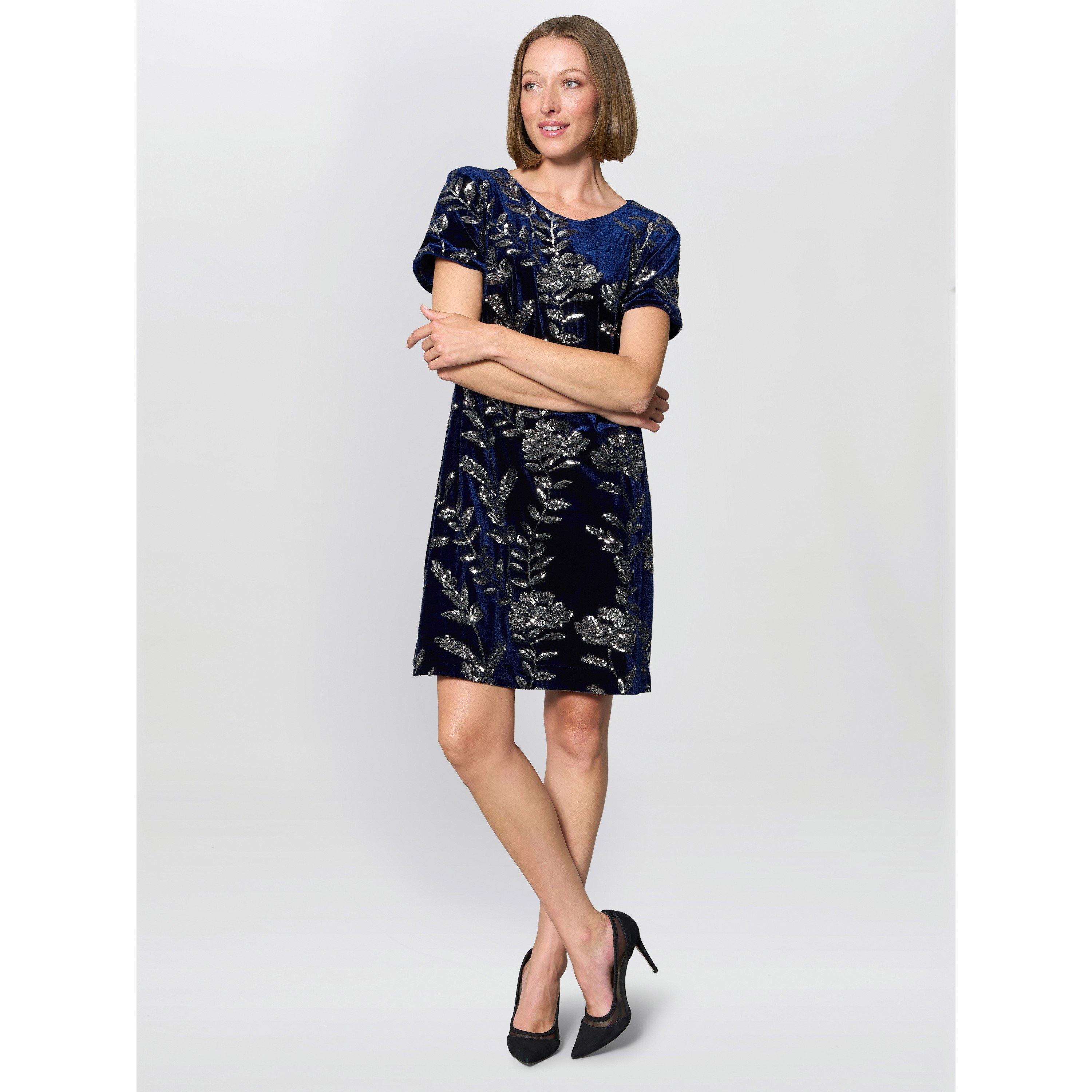 Navy - Gina Bacconi - Cleopatra Embroidered Velvet Dress - 4