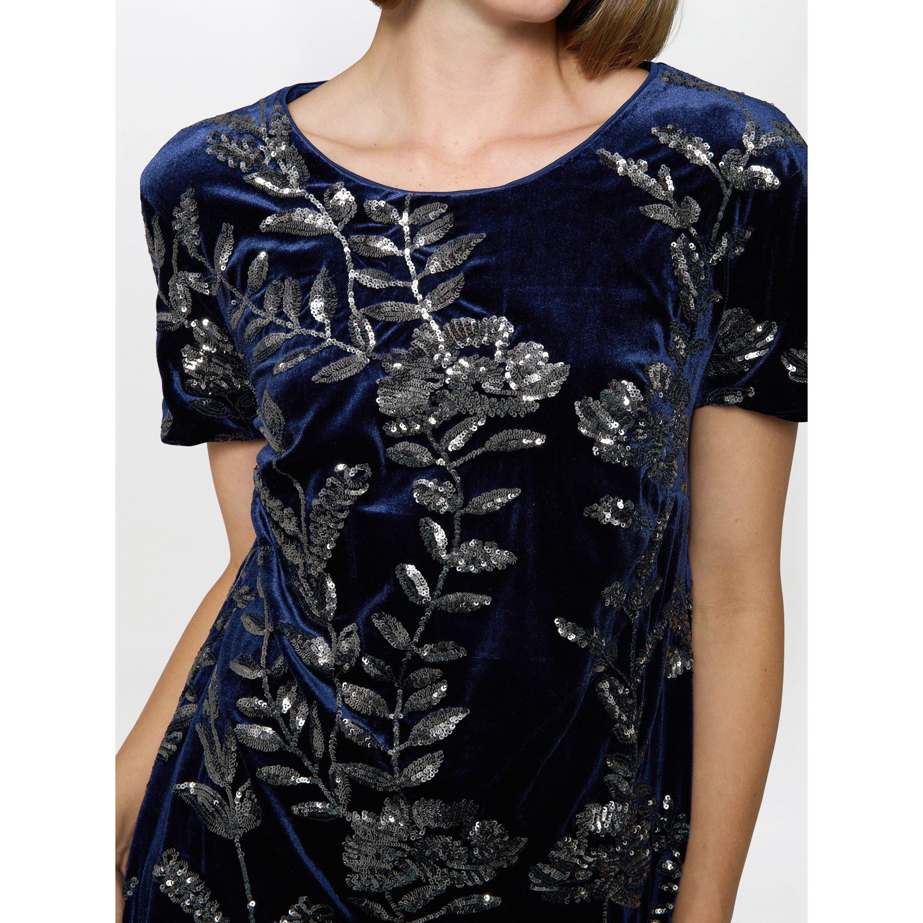 Navy - Gina Bacconi - Cleopatra Embroidered Velvet Dress - 5