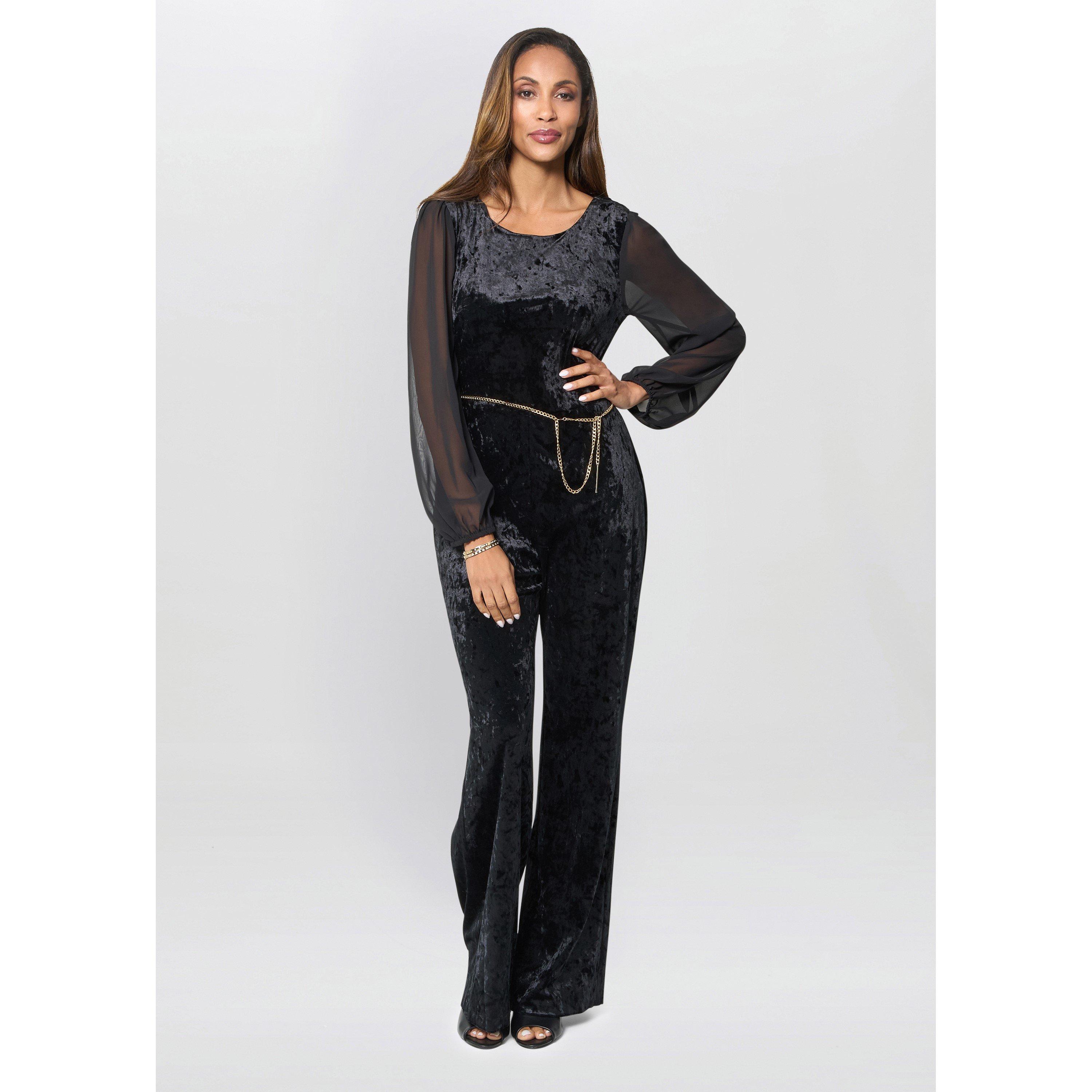 Black - Gina Bacconi - Alaska Velvet Jumpsuit With Sheer Sleeve - 2