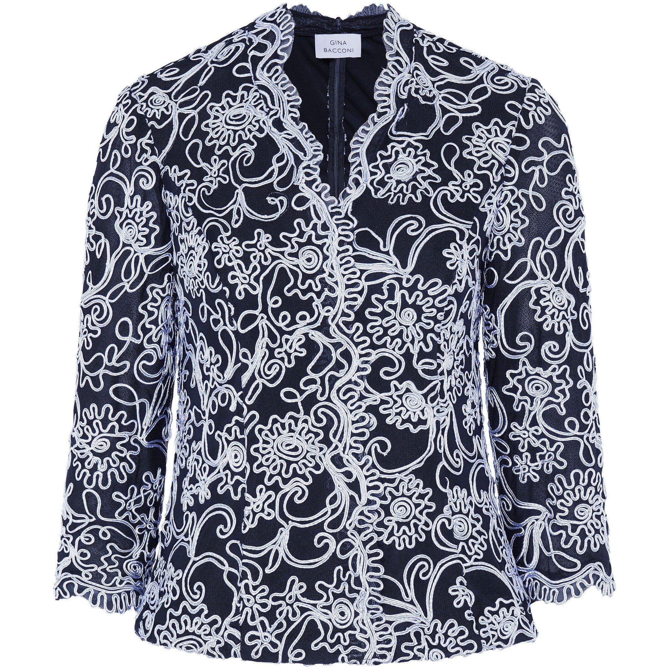 Gina Bacconi Women's Lanette Embroidered Blouse With Scallops - Black / Blue - L